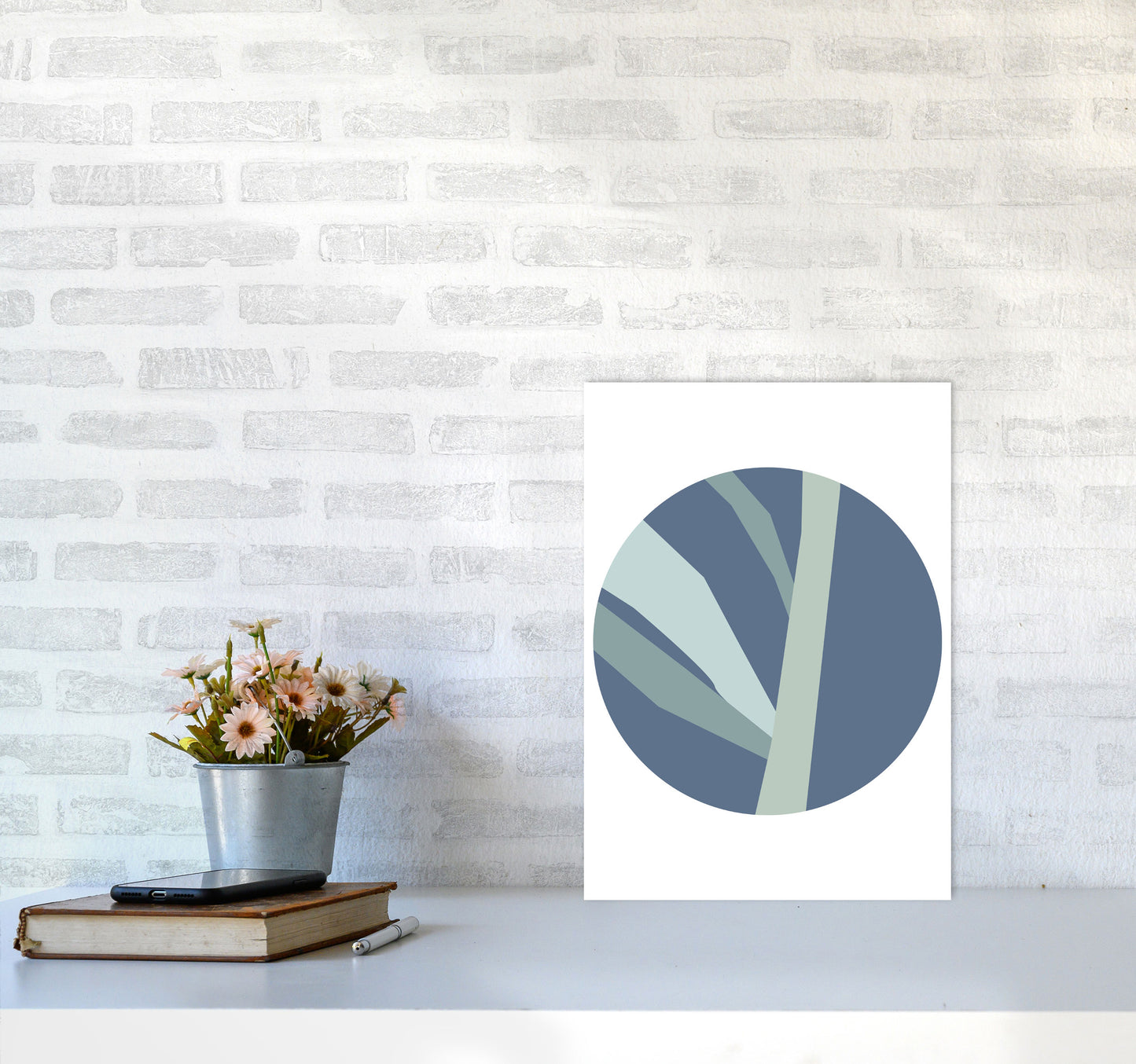 Navy Abstract Circle With Branches Modern Print A3 Black Frame