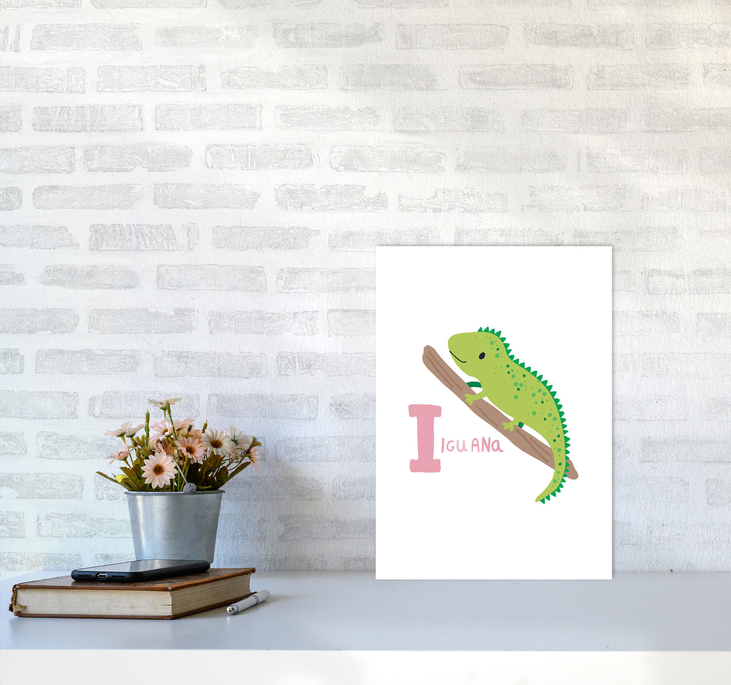 Alphabet Animals, I Is For Iguana Framed Nursey Wall Art Print A3 Black Frame