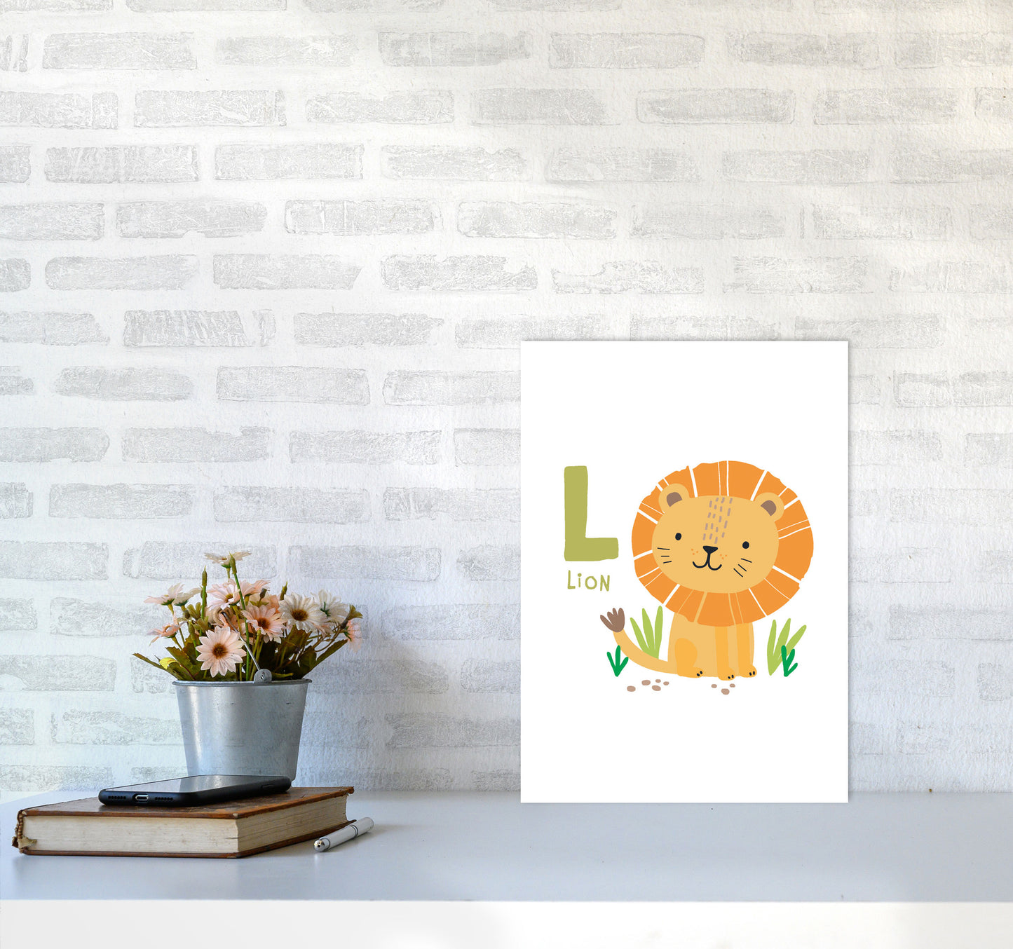 Alphabet Animals, L Is For Lion Framed Nursey Wall Art Print A3 Black Frame