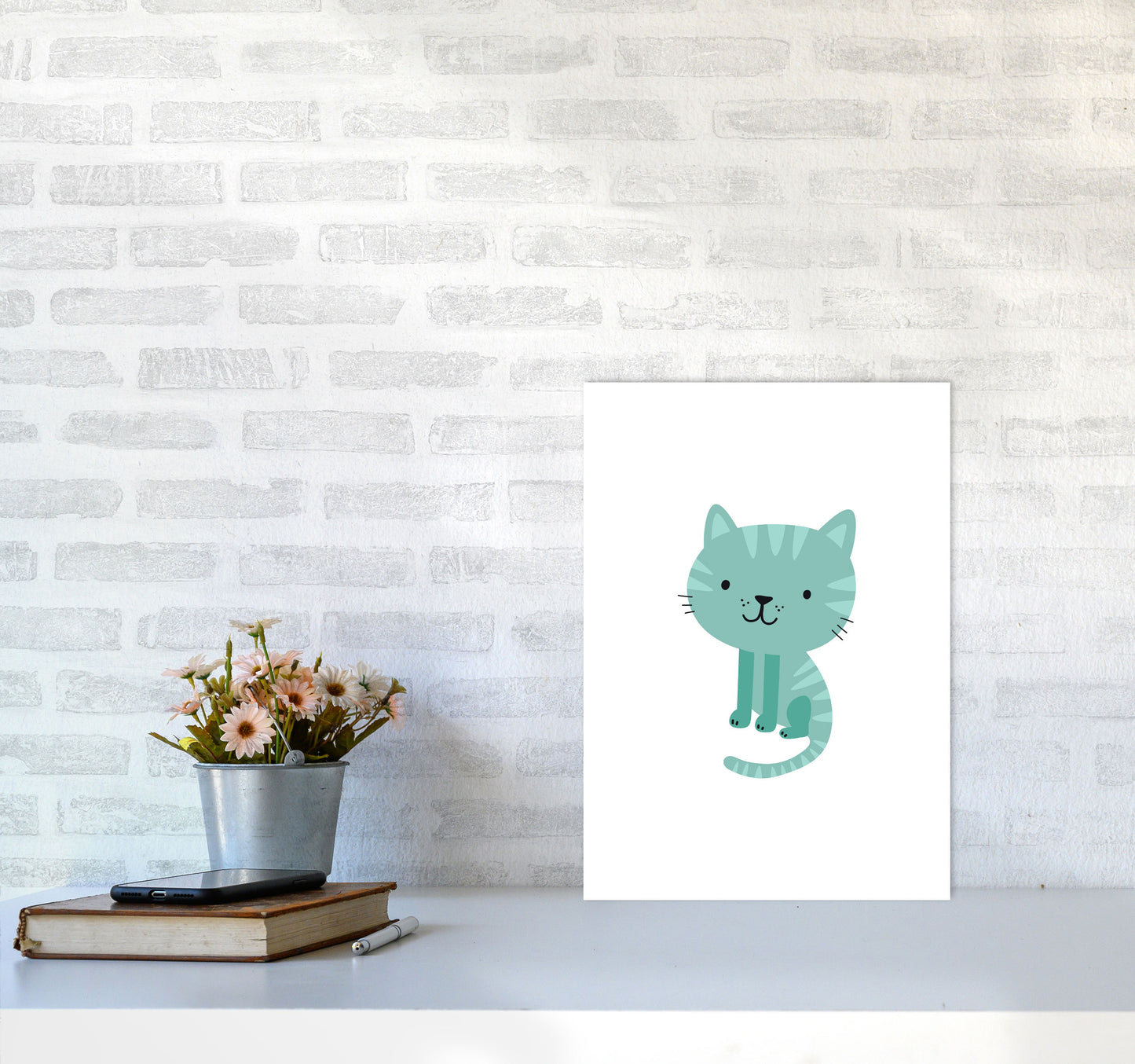 Children's Animals, Cat Modern Print A3 Black Frame