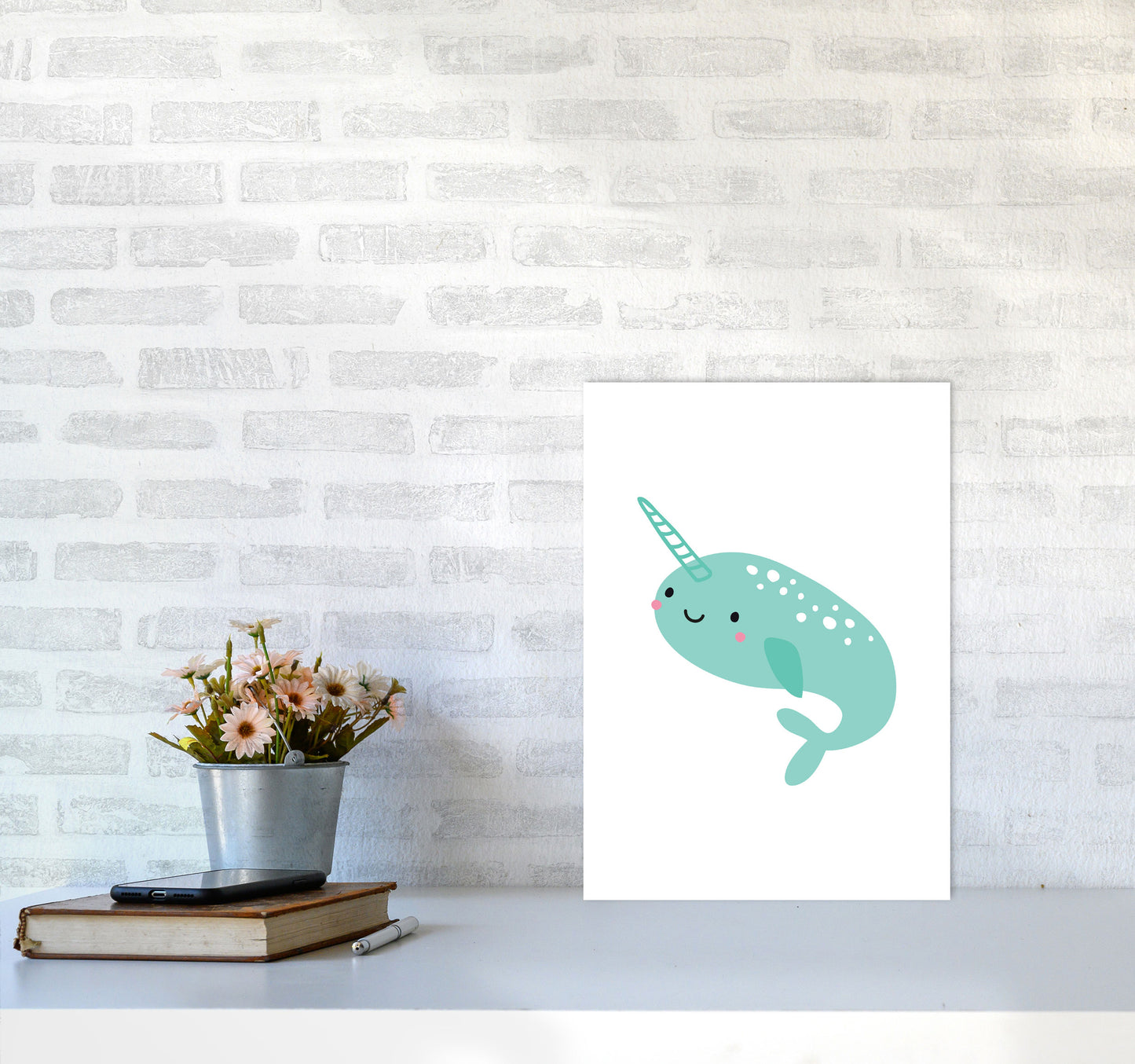 Children's Animals, Narwhal Modern Print A3 Black Frame