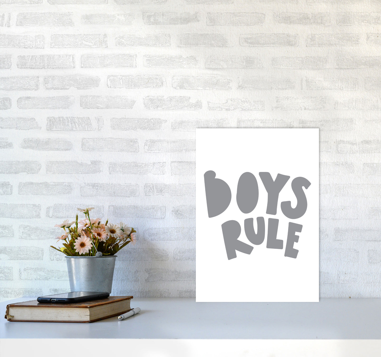 Boys Rule Grey Framed Nursey Wall Art Print A3 Black Frame