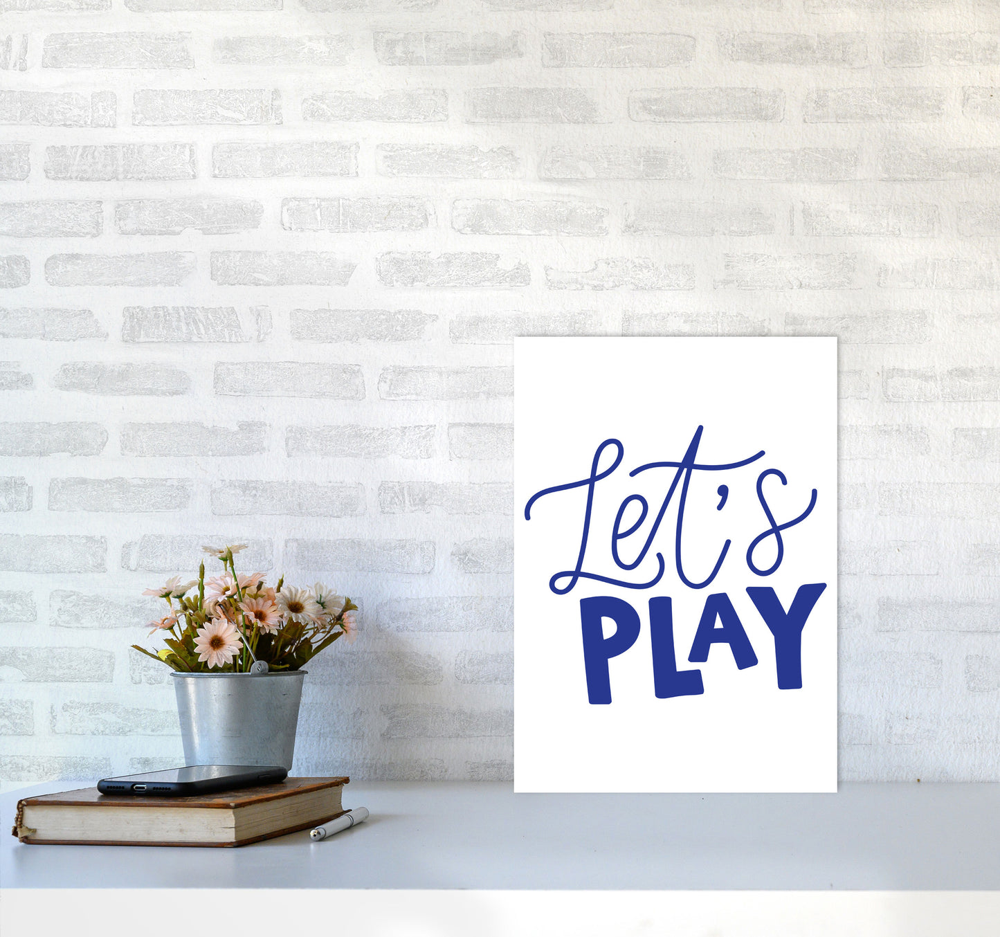 Let's Play Navy Framed Typography Wall Art Print A3 Black Frame
