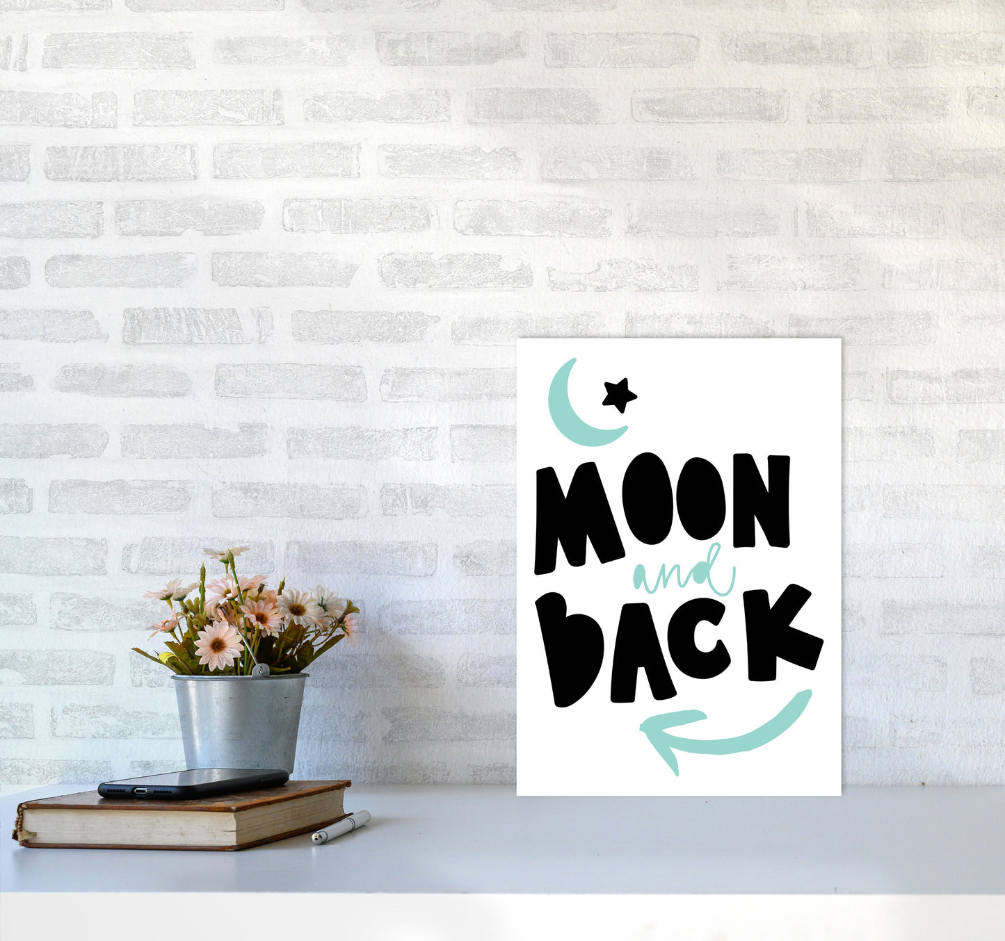 Moon And Back Black And Mint Framed Typography Wall Art Print A3 Black Frame