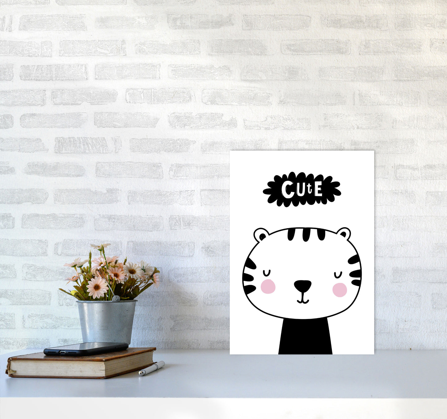 Cute Scandi Tiger Modern Print Animal Art Print A3 Black Frame