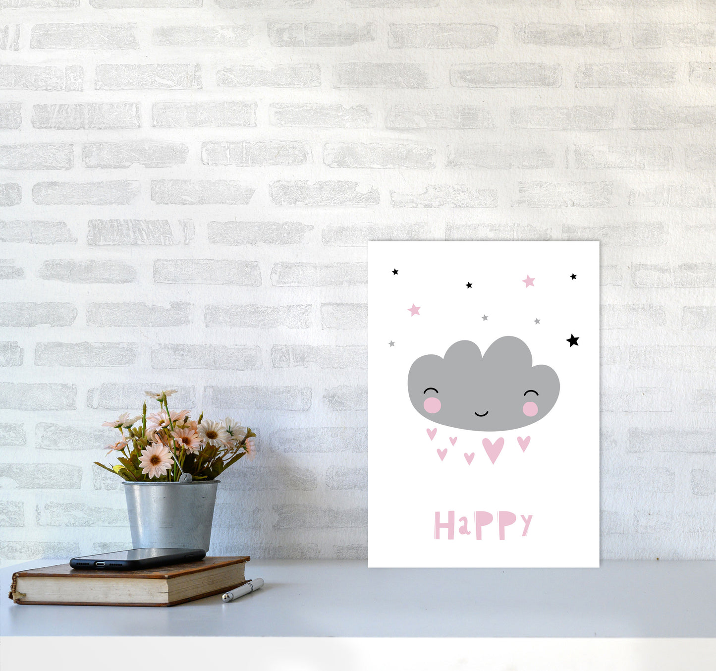 Happy Cloud Framed Nursey Wall Art Print A3 Black Frame