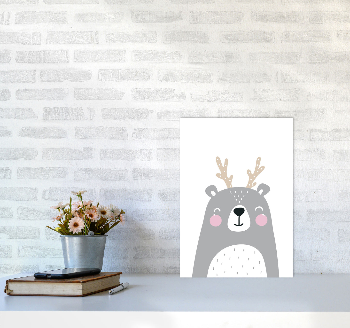 Grey Bear With Antlers Modern Print Animal Art Print A3 Black Frame