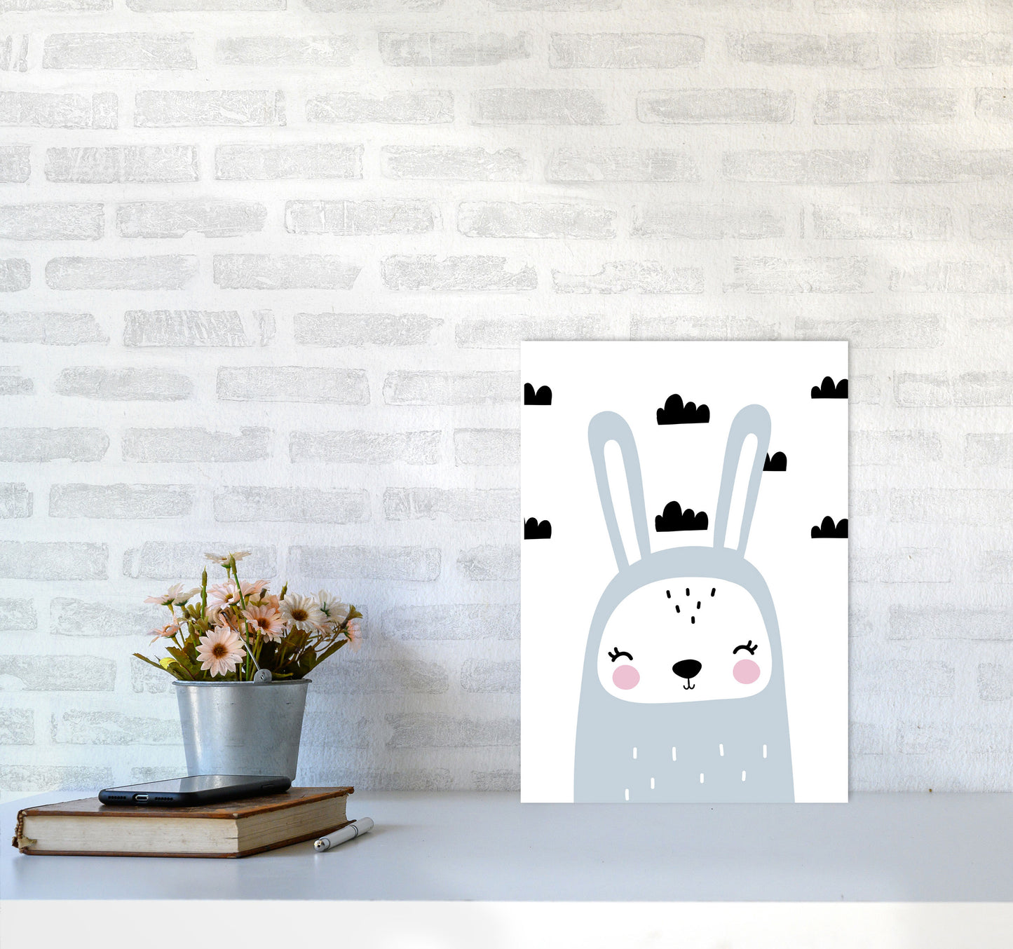 Blue Scandi Bunny With Clouds Modern Print Animal Art Print A3 Black Frame