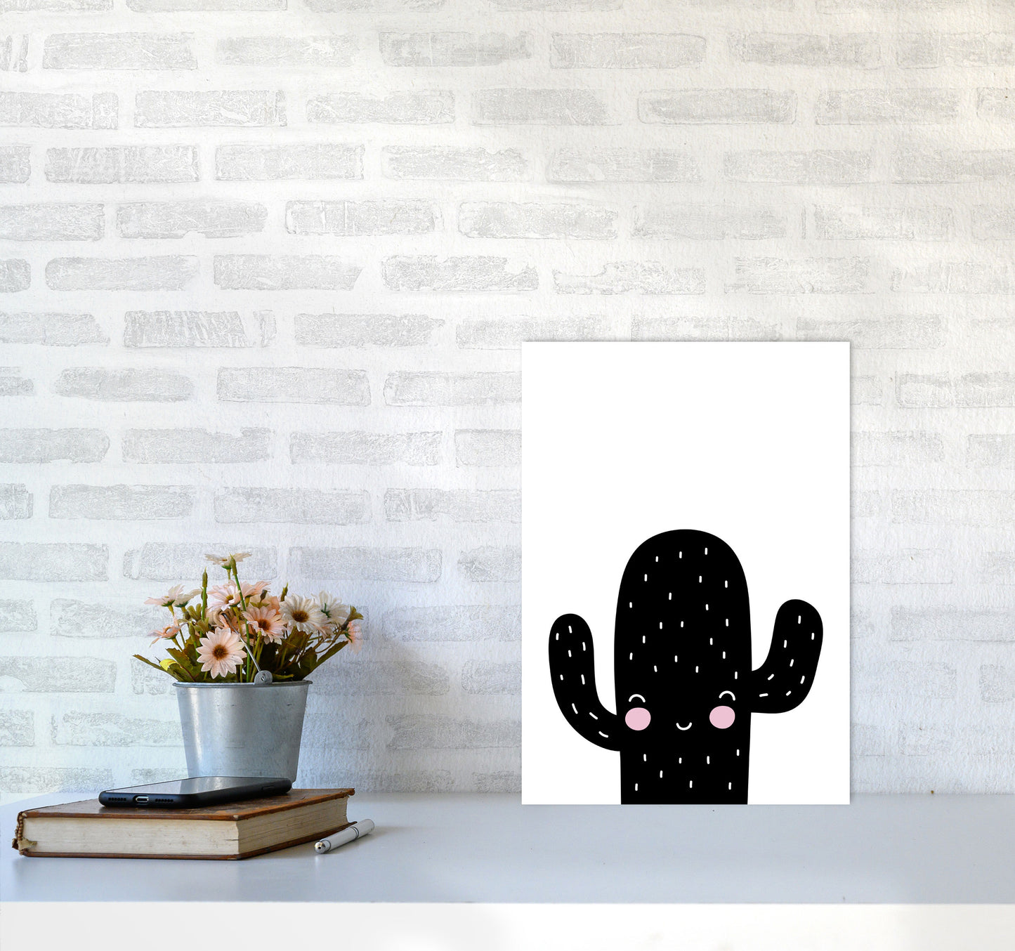Black Scandi Cactus Modern Print, Framed Botanical & Nature Art Print A3 Black Frame