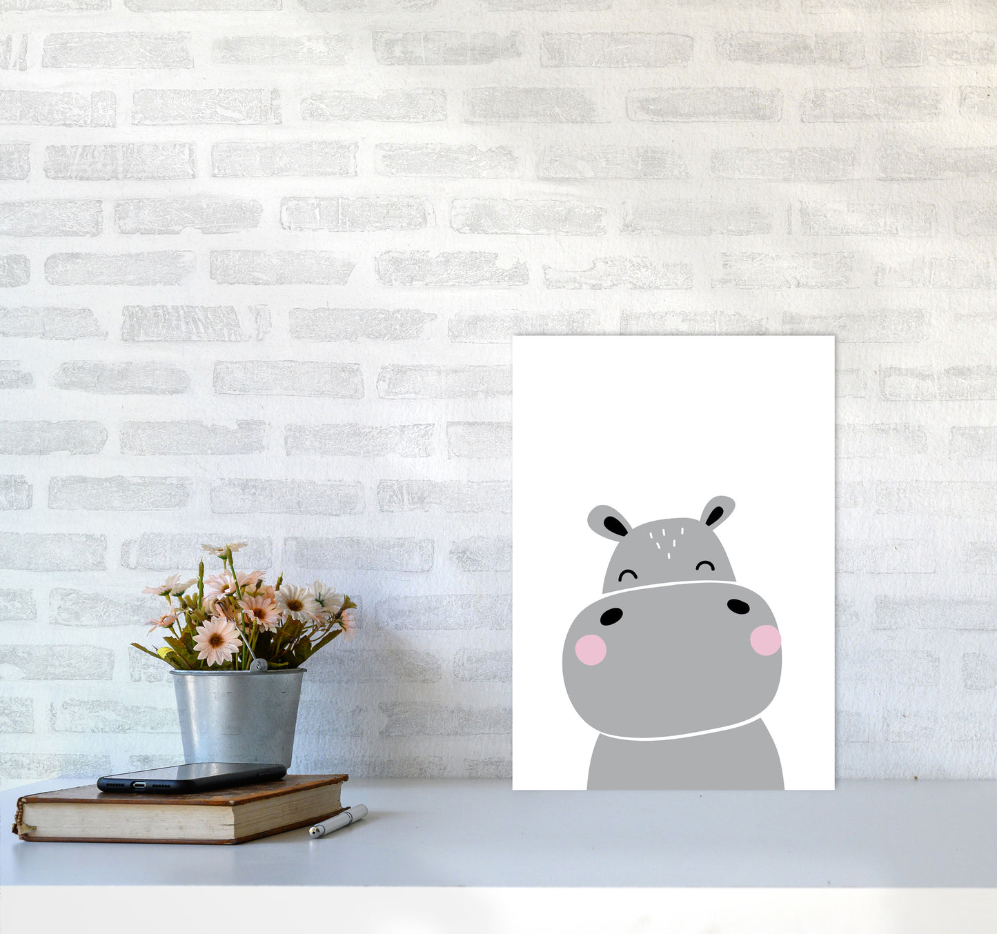 Scandi Hippo Framed Nursey Wall Art Print A3 Black Frame