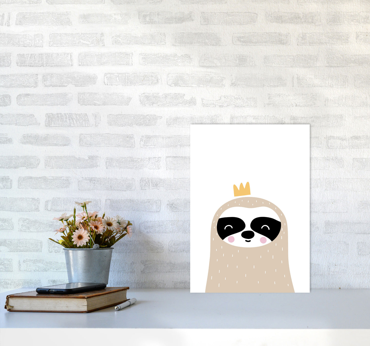 Scandi Sloth With Crown Framed Nursey Wall Art Print A3 Black Frame