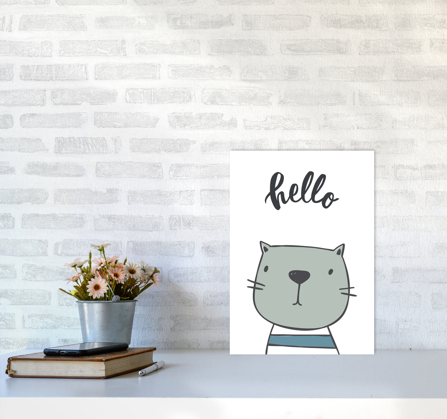 Hello Cat Modern Print Animal Art Print A3 Black Frame