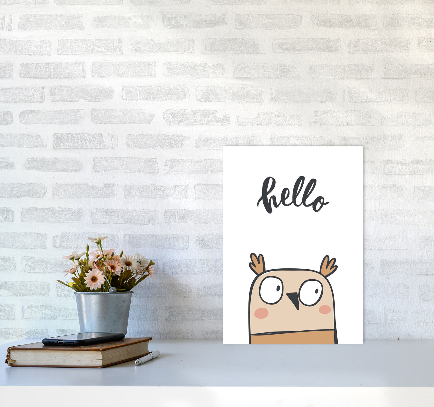 Hello Owl Modern Print Animal Art Print A3 Black Frame
