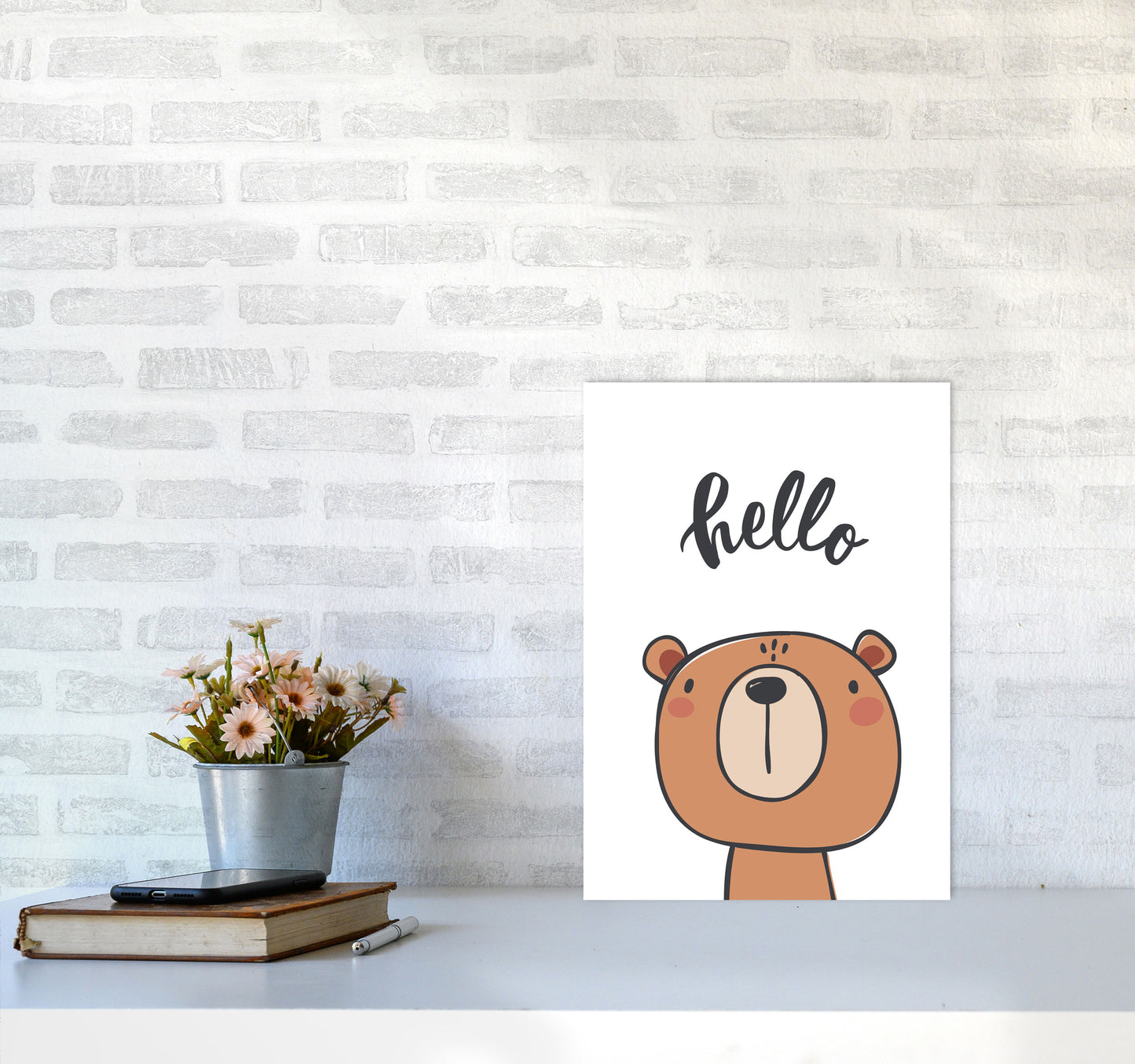 Hello Bear Modern Print Animal Art Print A3 Black Frame