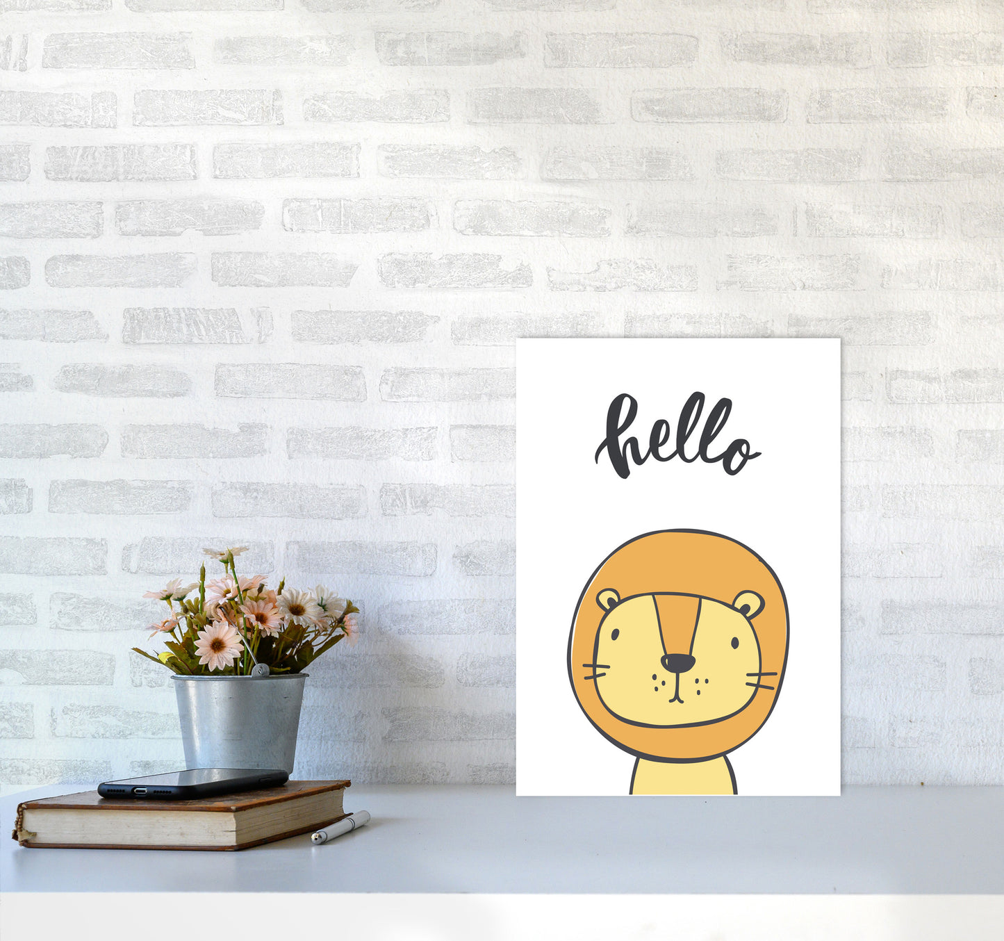 Hello Lion Modern Print Animal Art Print A3 Black Frame