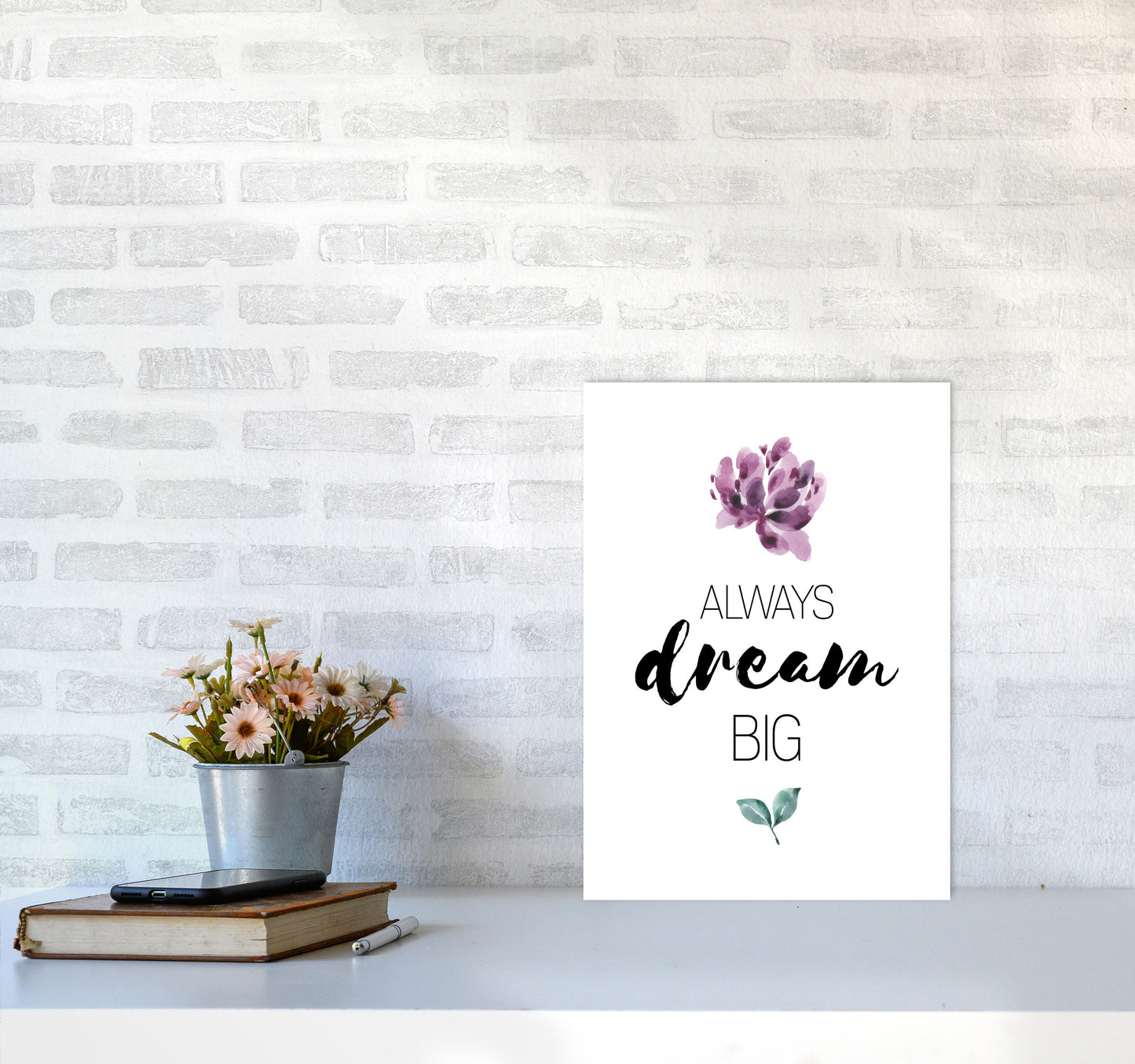 Always Dream Big Purple Floral Framed Typography Wall Art Print A3 Black Frame