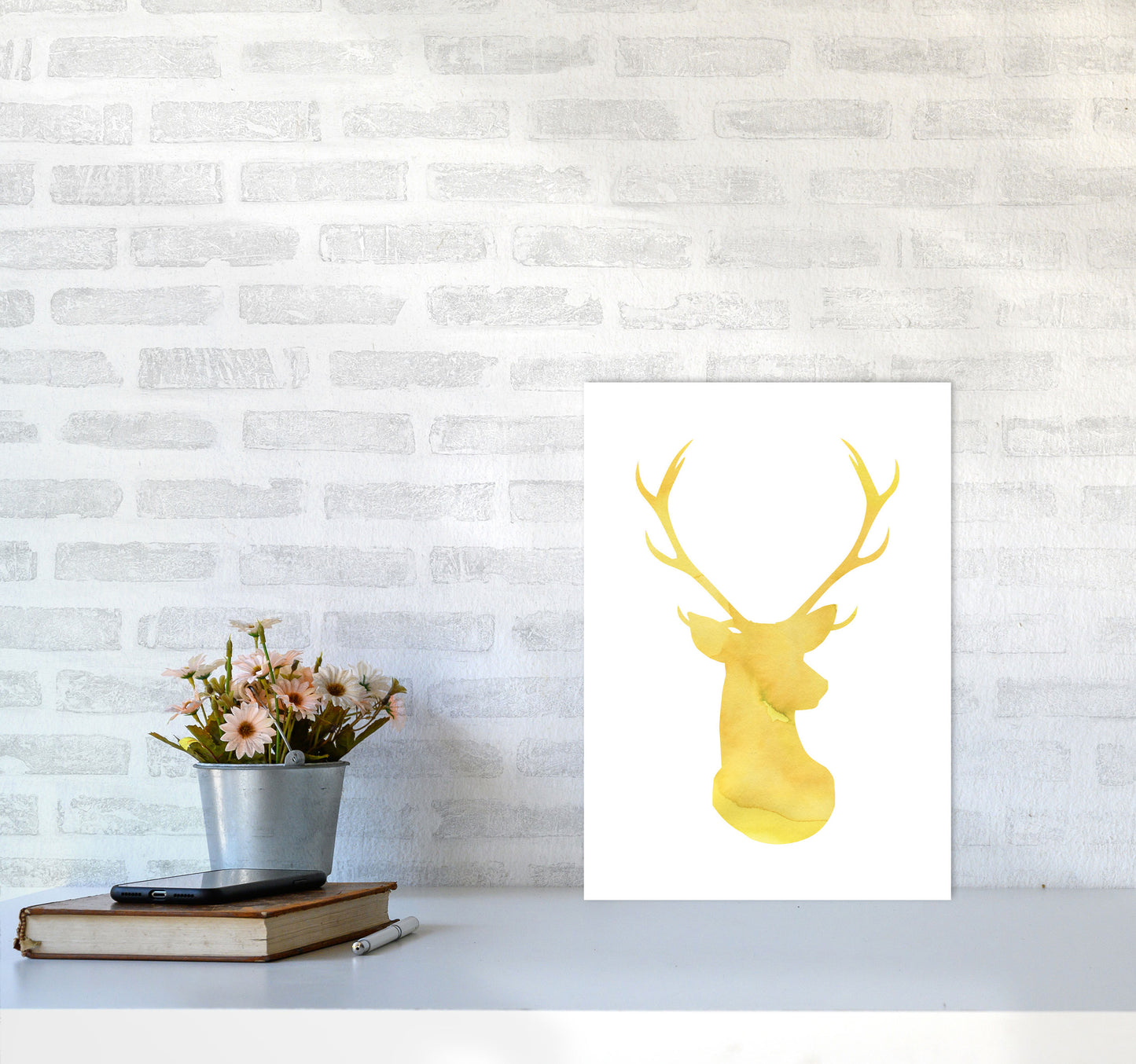 Stags Head Watercolour Modern Print Animal Art Print A3 Black Frame