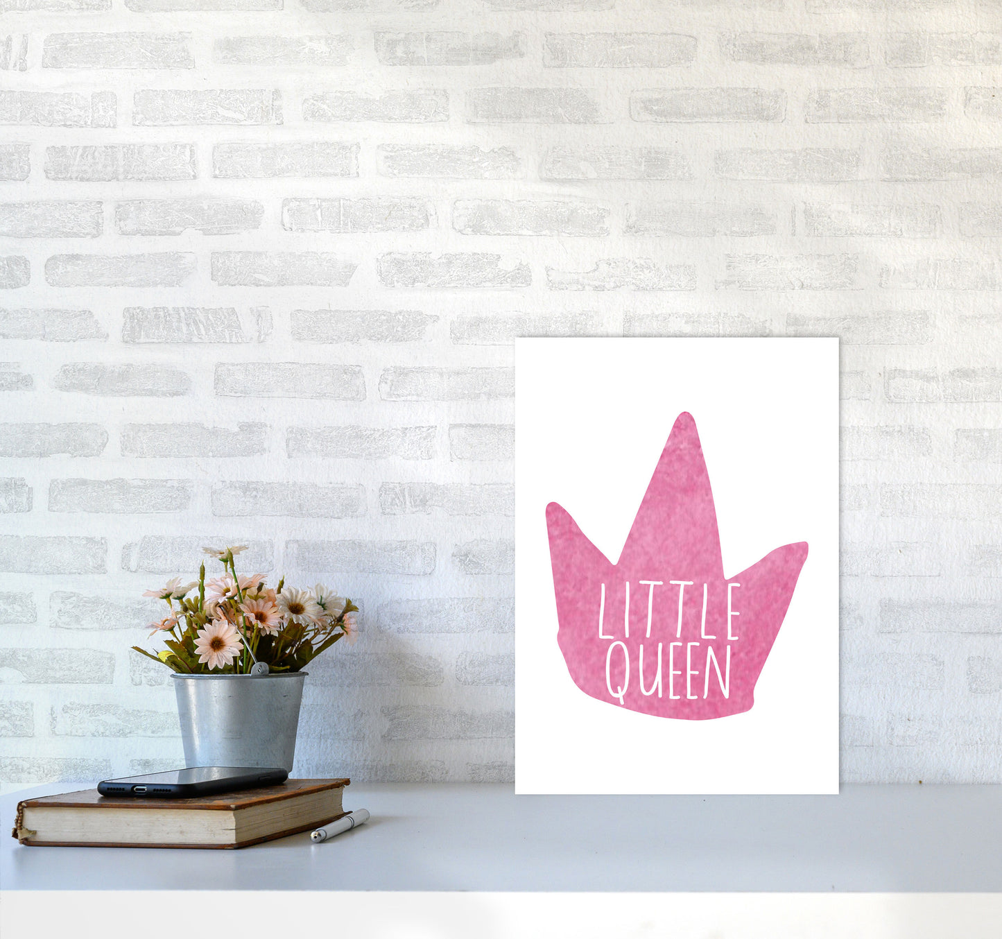 Little Queen Pink Crown Watercolour Modern Print A3 Black Frame