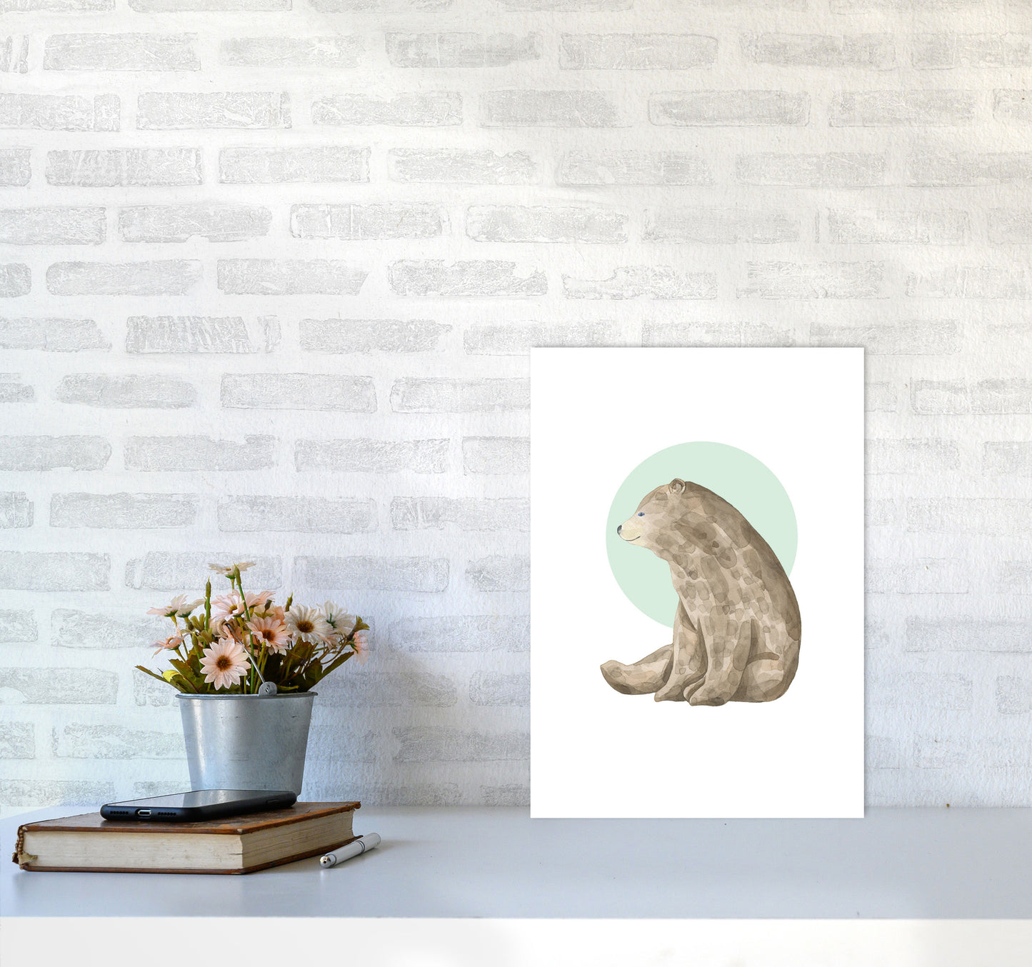 Watercolour Bear With Green Circle Modern Print Animal Art Print A3 Black Frame