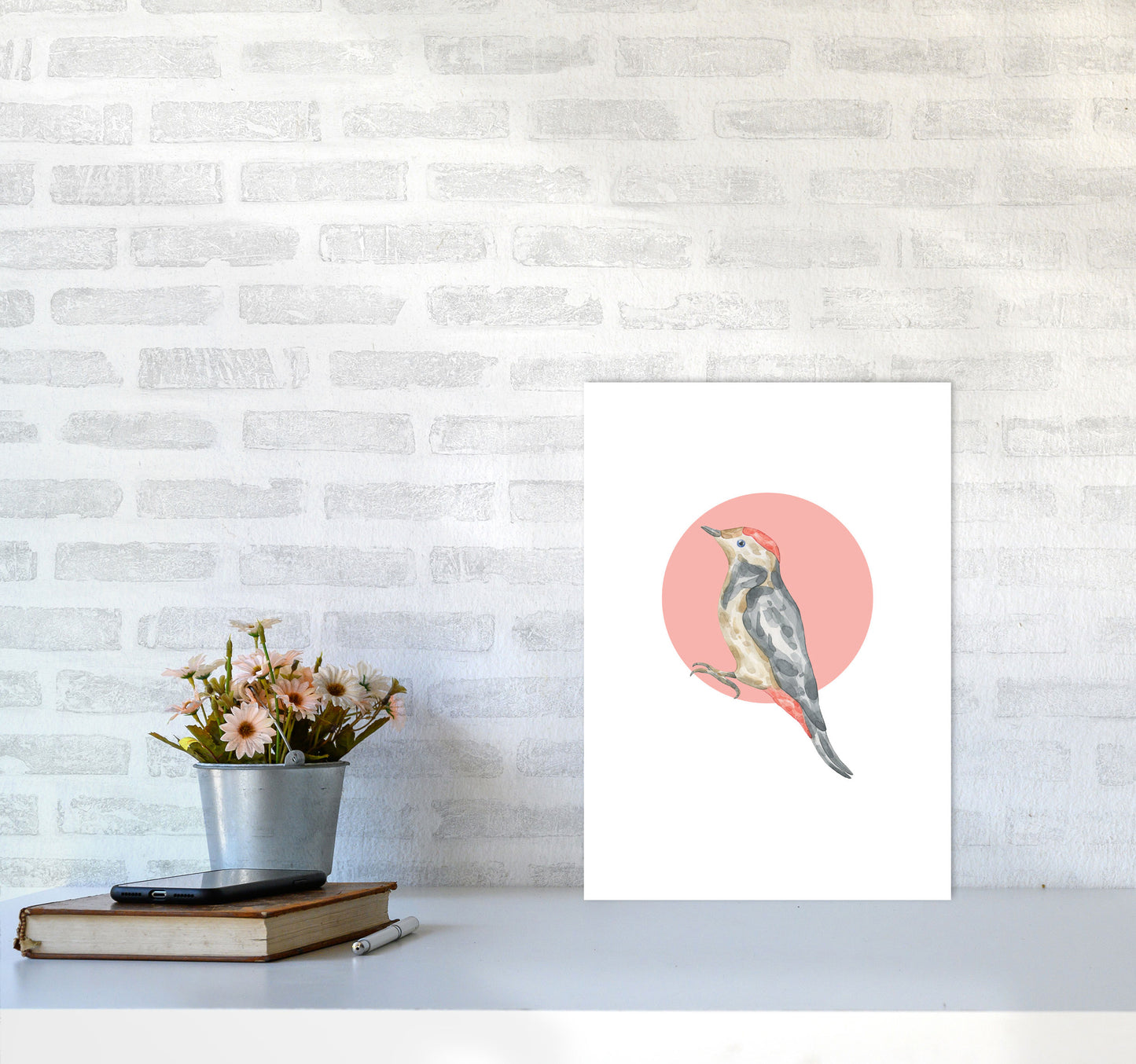 Watercolour Bird With Red Circle Modern Print Animal Art Print A3 Black Frame