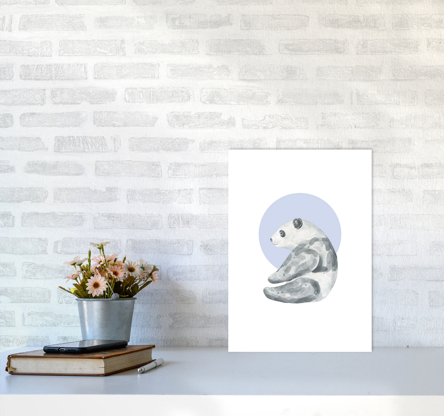 Watercolour Panda With Blue Circle Modern Print, Animal Art Print A3 Black Frame