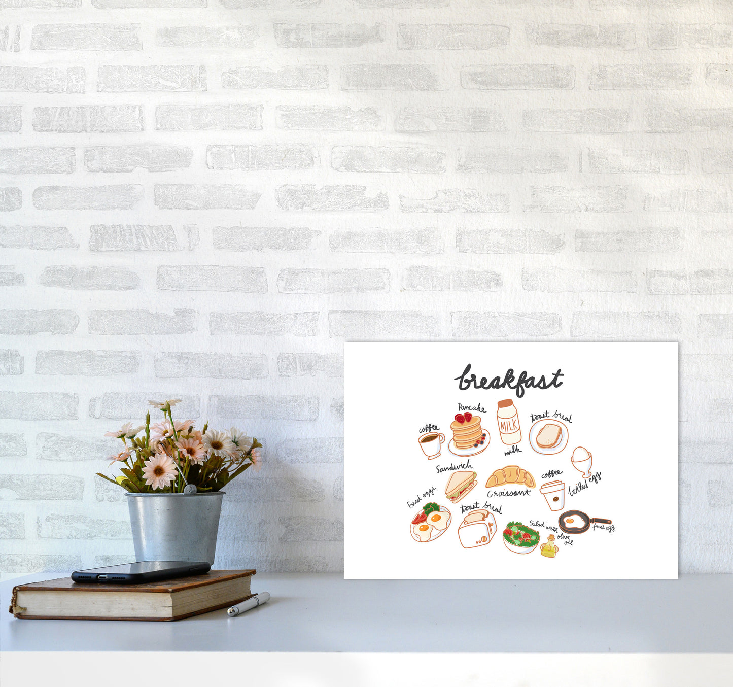 Breakfast Collection Landscape Modern Print, Framed Kitchen Wall Art A3 Black Frame
