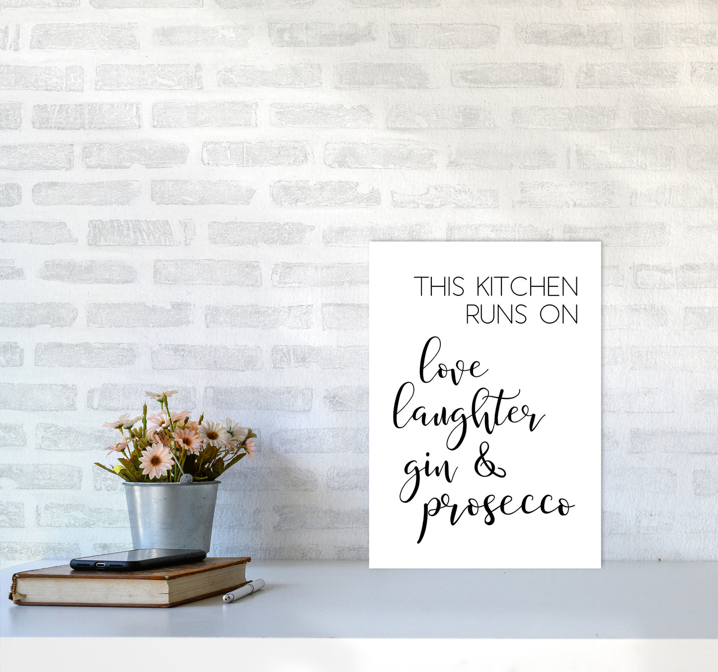 This Kitchen Runs On Love Laughter Gin & Prosecco Print, Framed Kitchen Wall Art A3 Black Frame