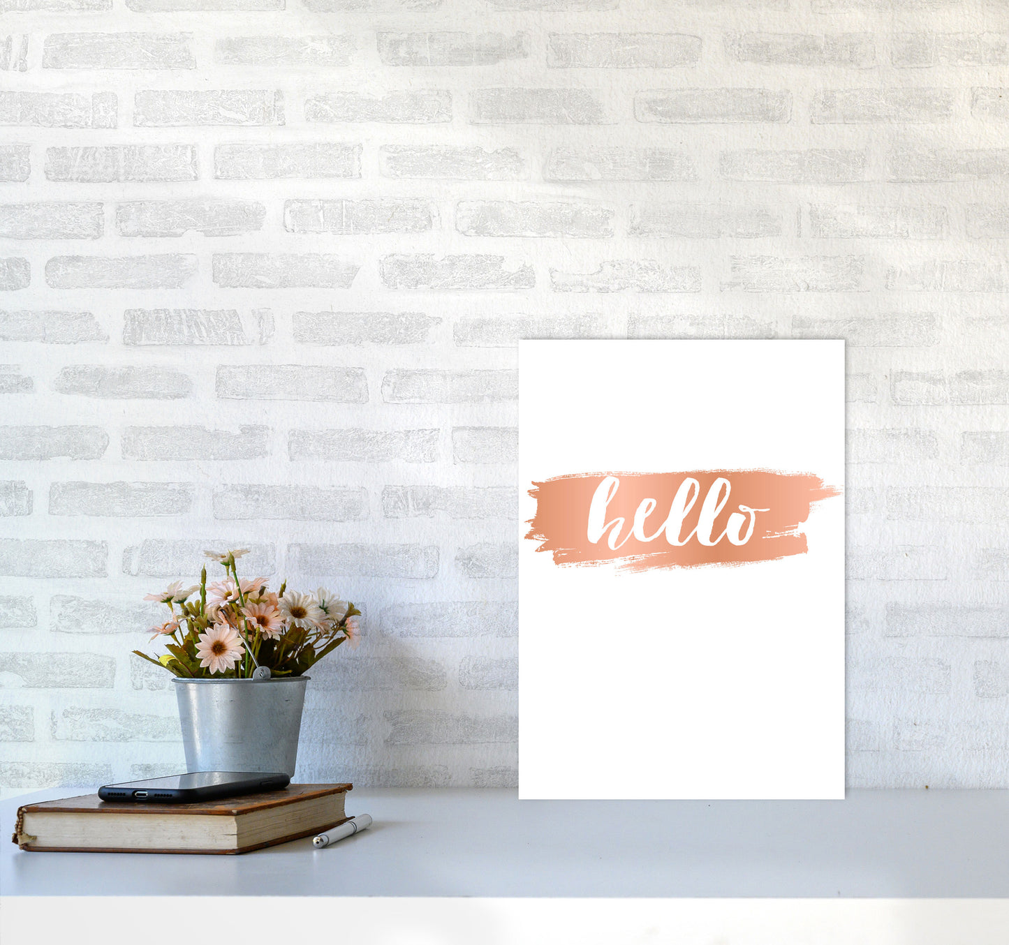 Hello Rose Gold Framed Typography Wall Art Print A3 Black Frame