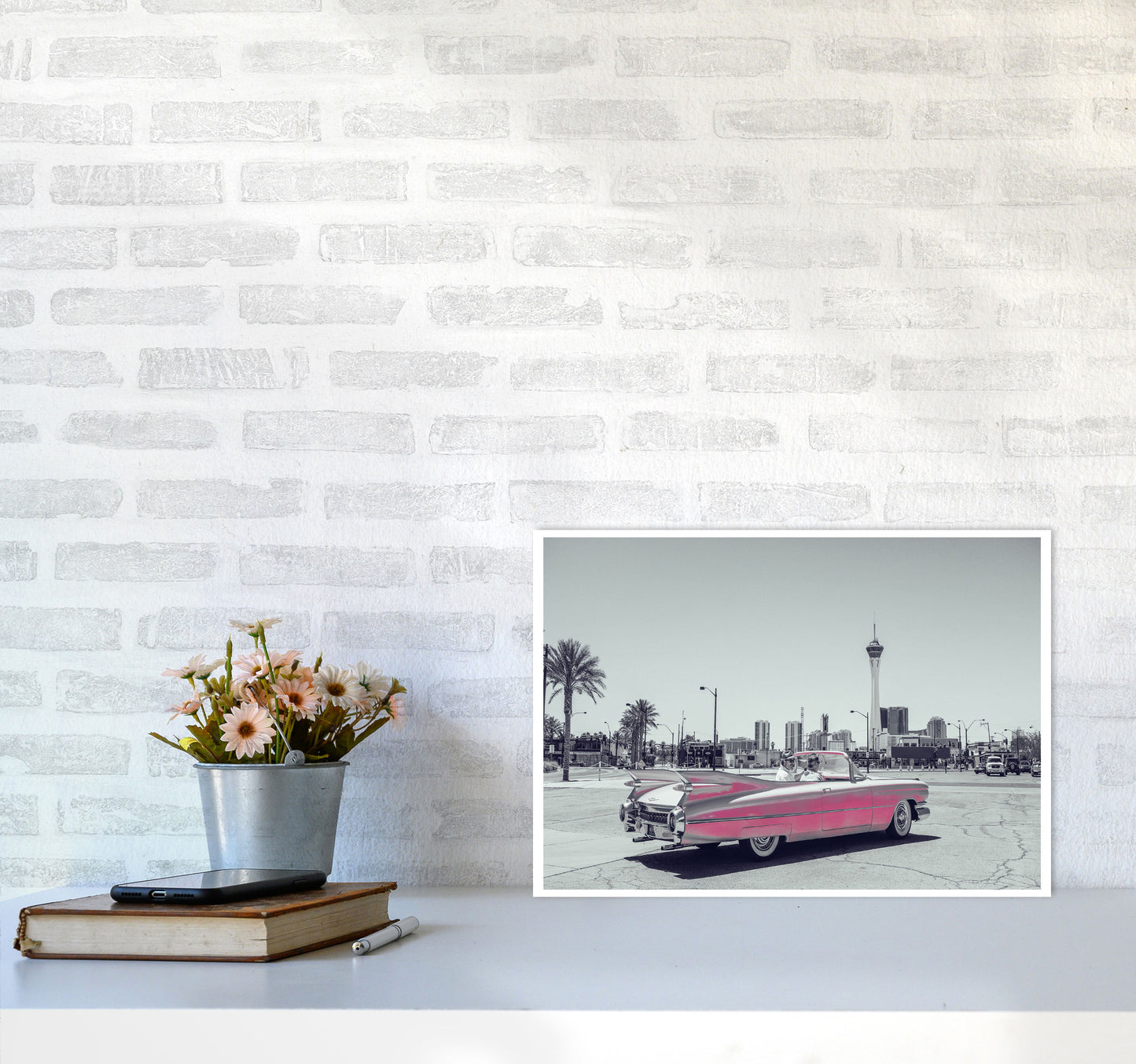 Retro Pink Car Modern Print A3 Black Frame