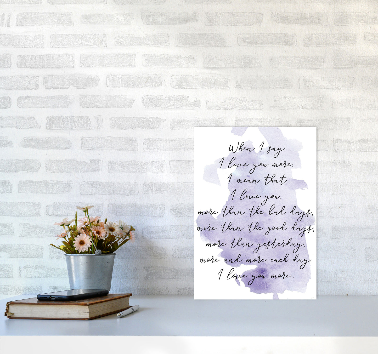 Love You More Purple Watercolour Modern Print A3 Black Frame
