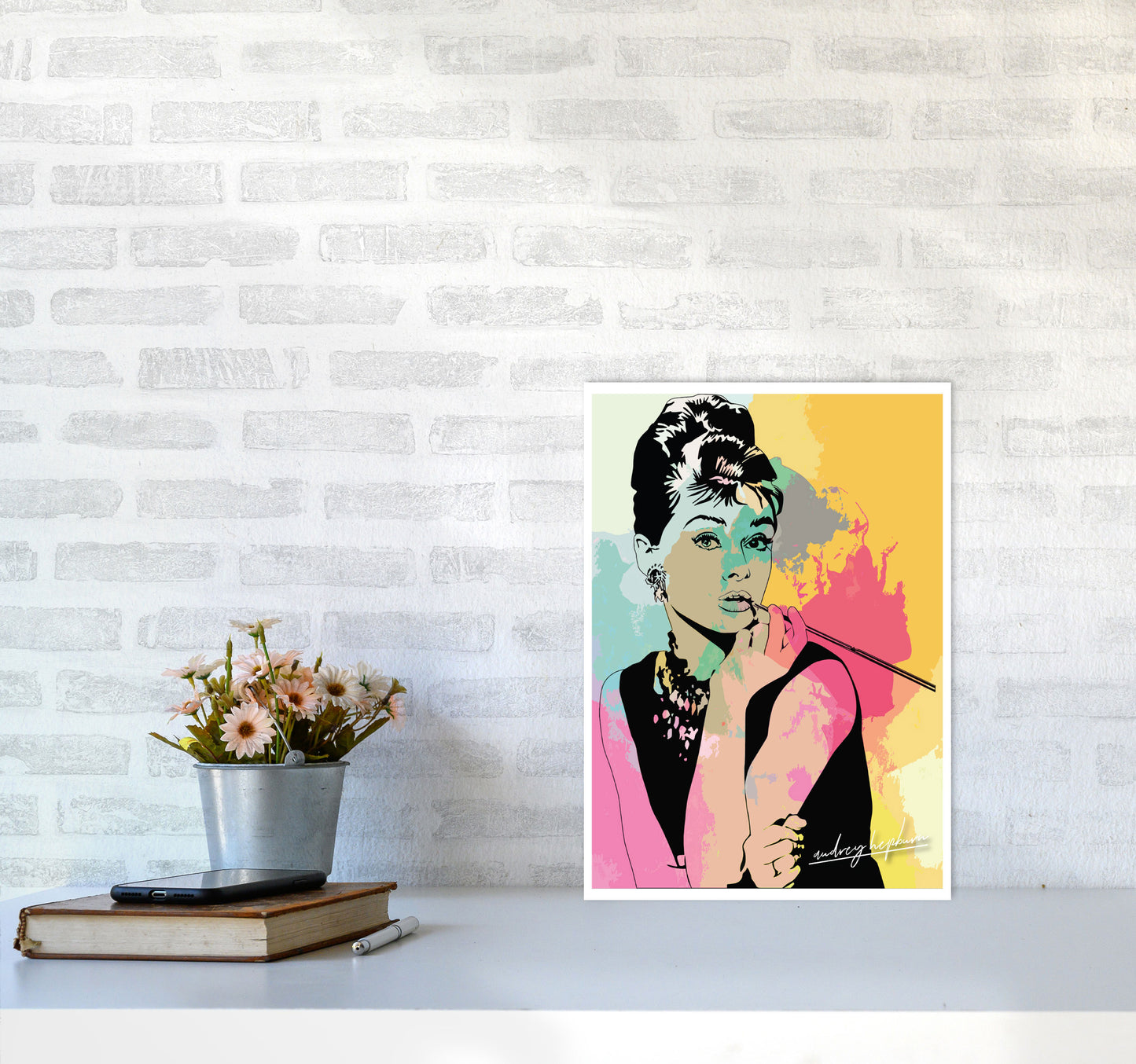 Audrey Hepburn In Colour Modern Print A3 Black Frame