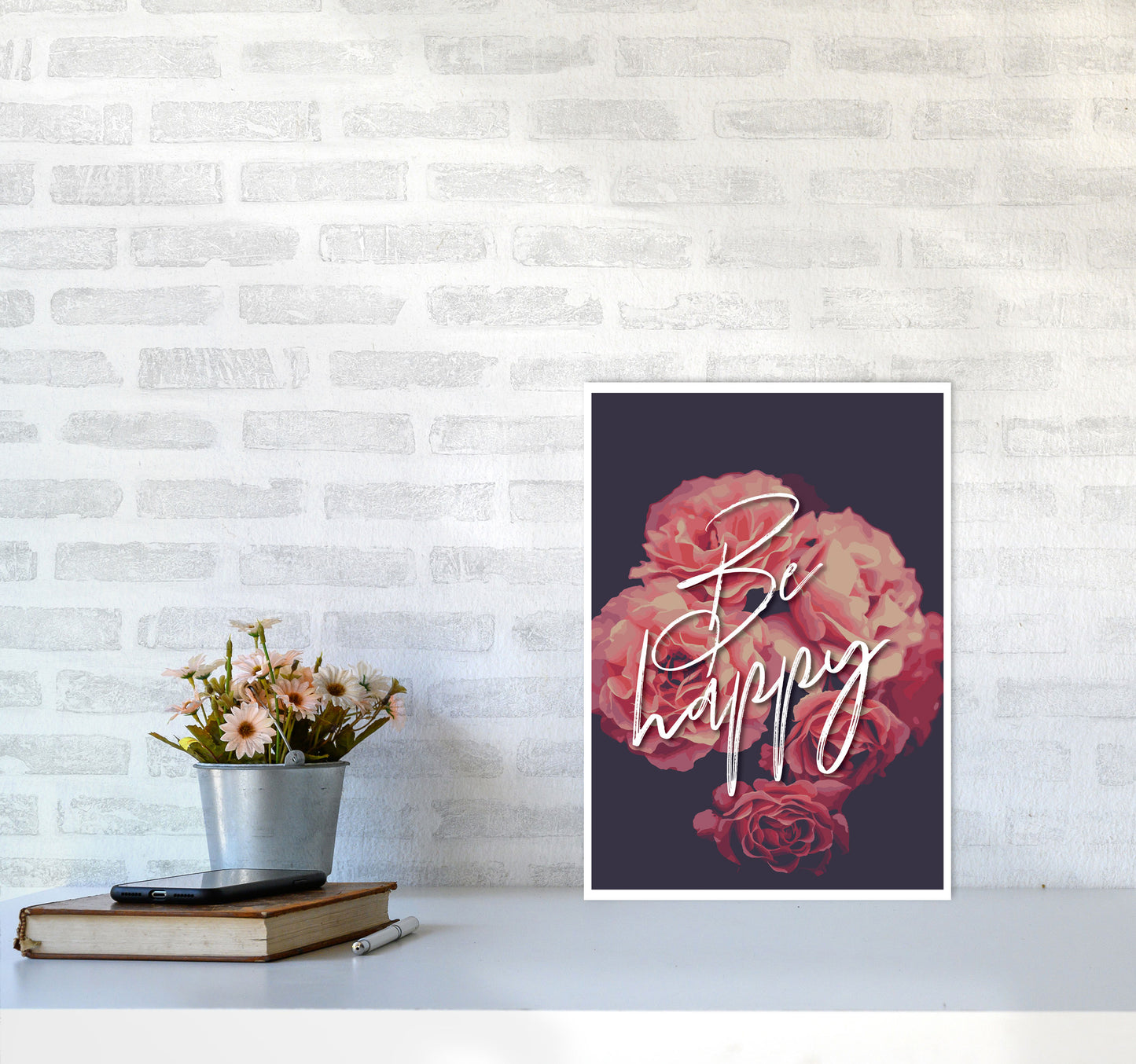 Be Happy Floral Modern Print, Framed Botanical & Nature Art Print A3 Black Frame
