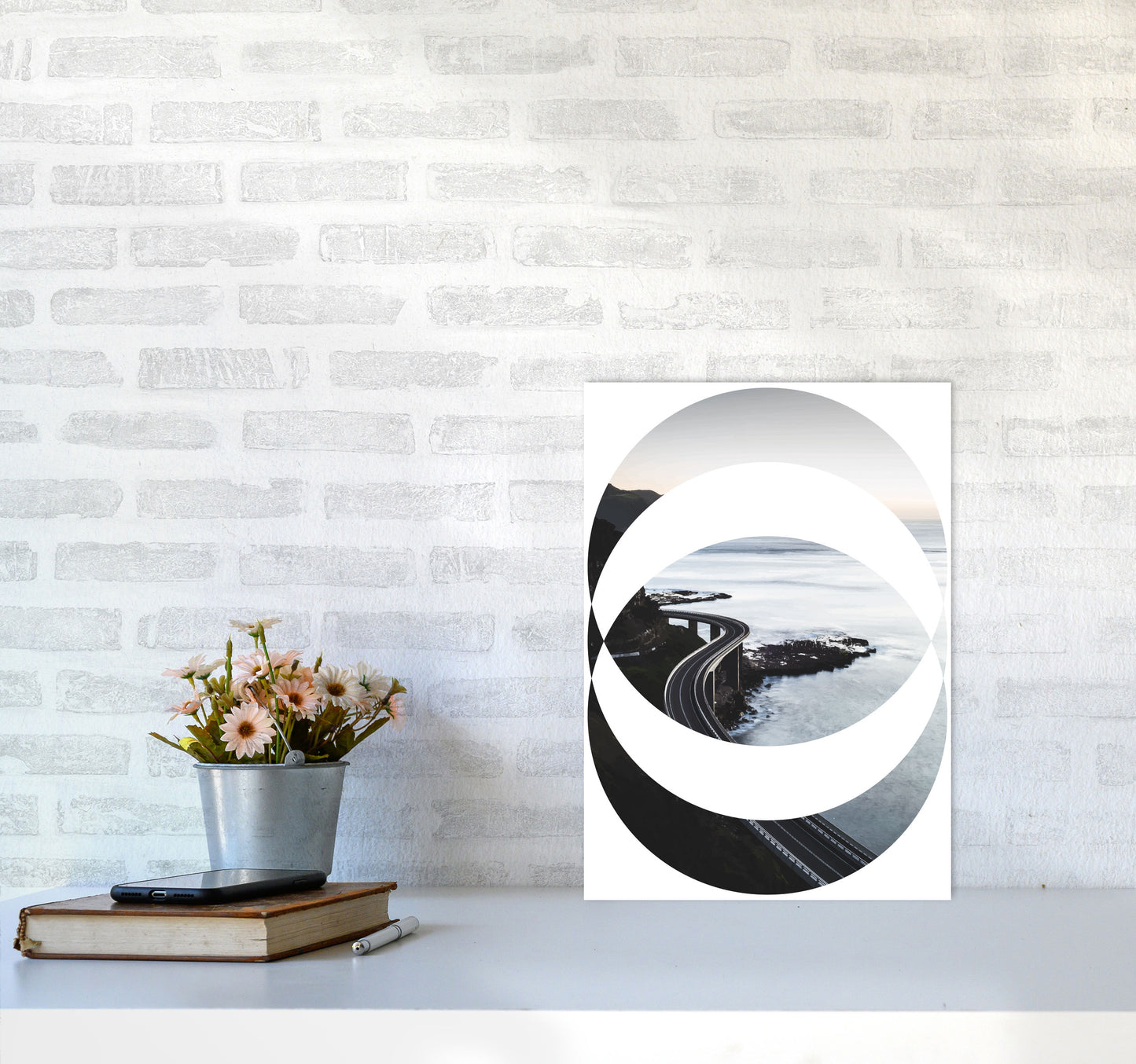 Black Road Oval Modern Print, Framed Botanical & Nature Art Print A3 Black Frame