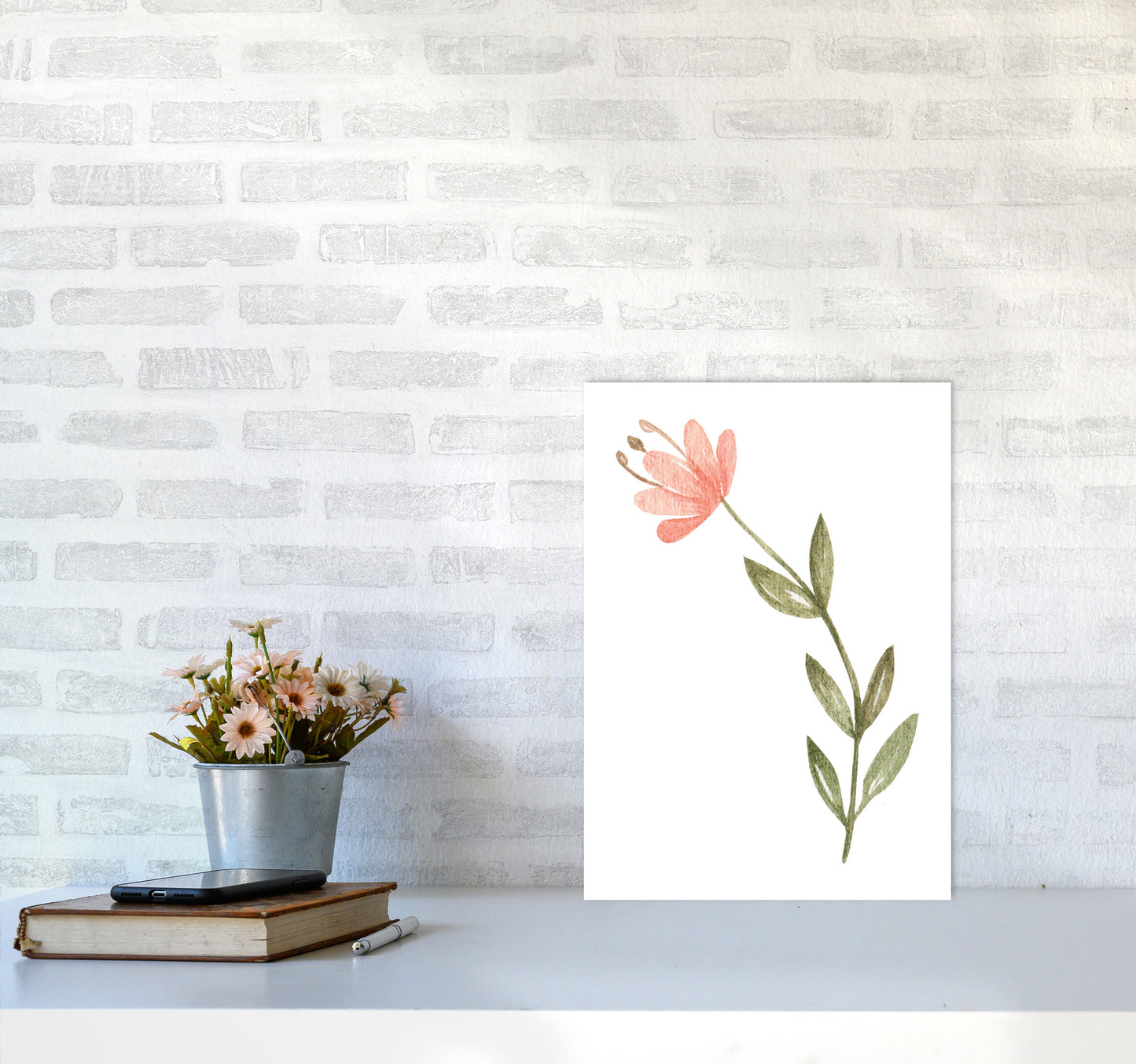 Pink Watercolour Flower 2 Modern Print A3 Black Frame