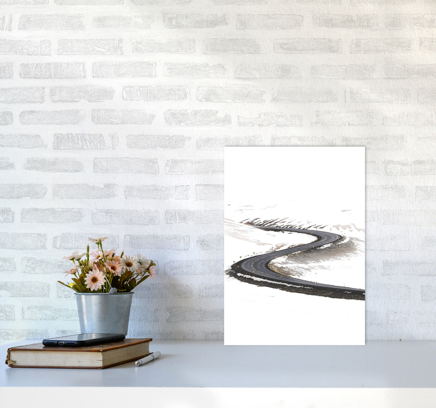 Snowy Road Pass Modern Print A3 Black Frame