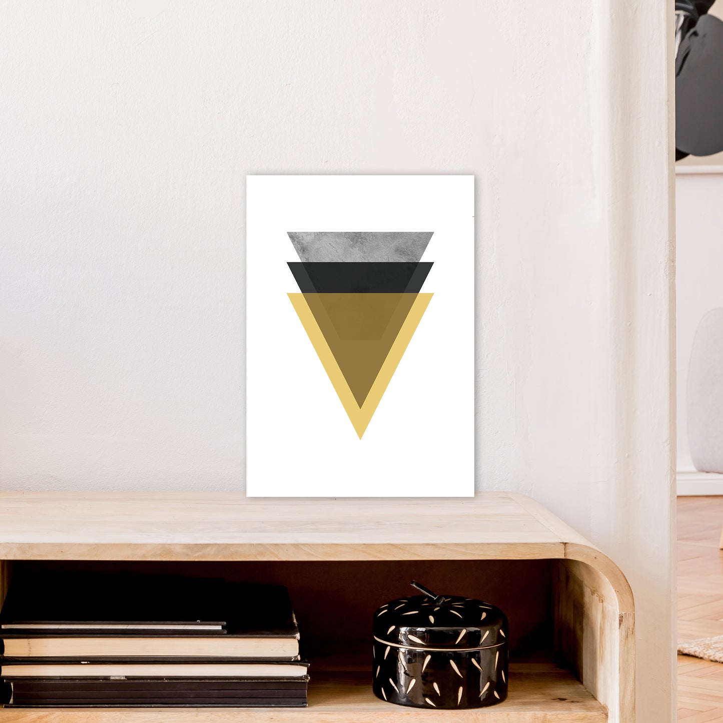 Geometric Mustard And Black Triangles Art Print by Pixy Paper A3 Black Frame
