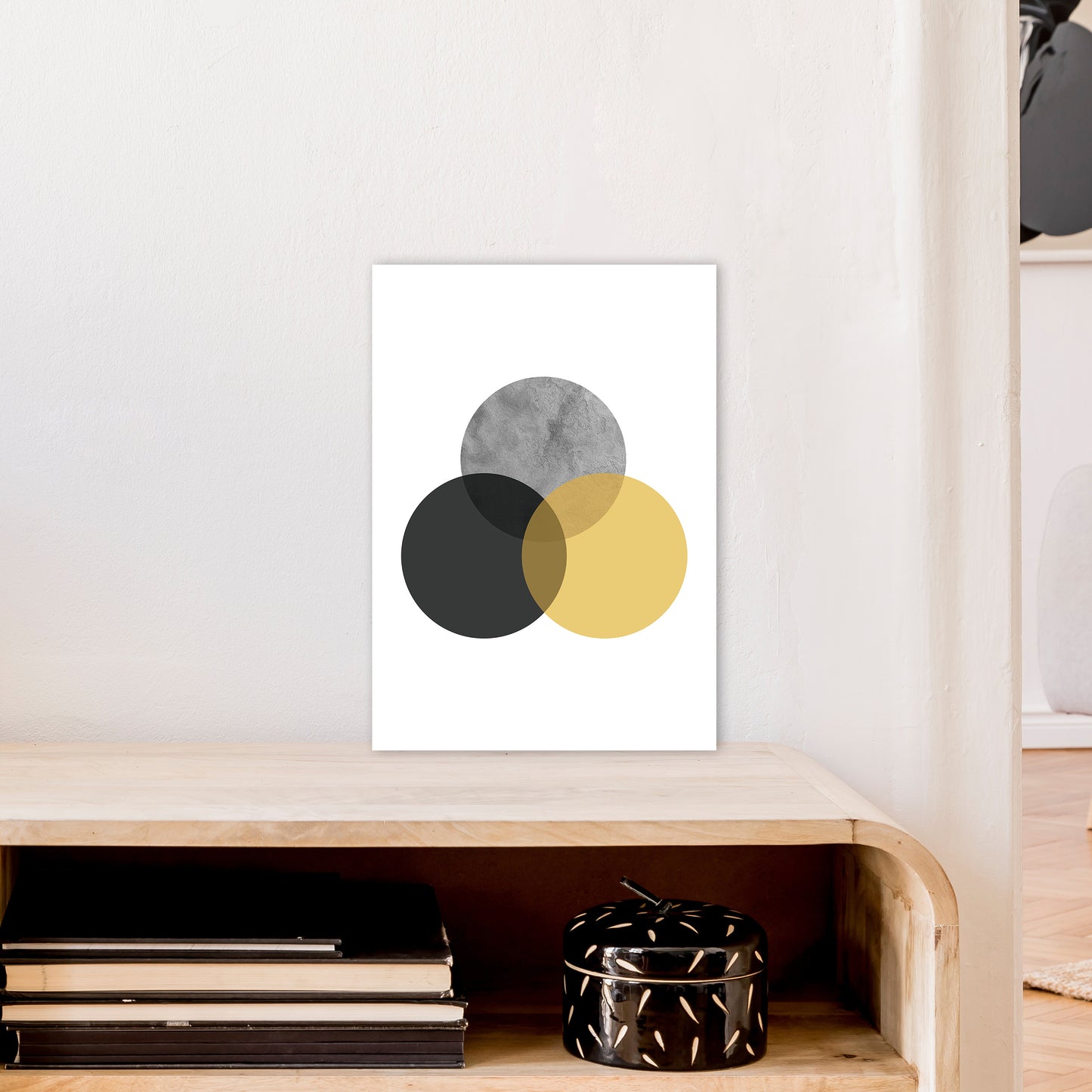 Geometric Mustard And Black Circles Art Print by Pixy Paper A3 Black Frame