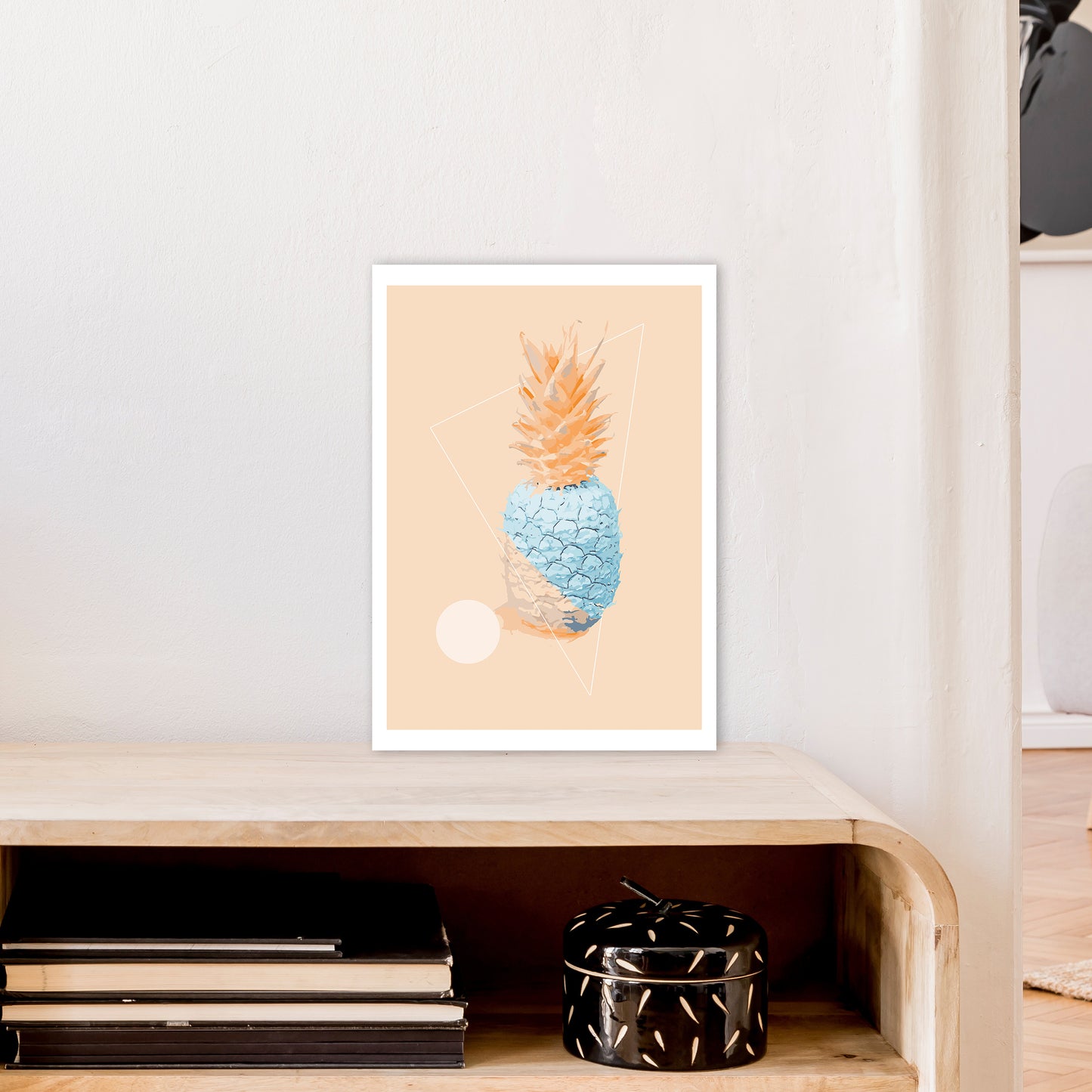 Pineapple In Blue With Peach Art Print by Pixy Paper A3 Black Frame