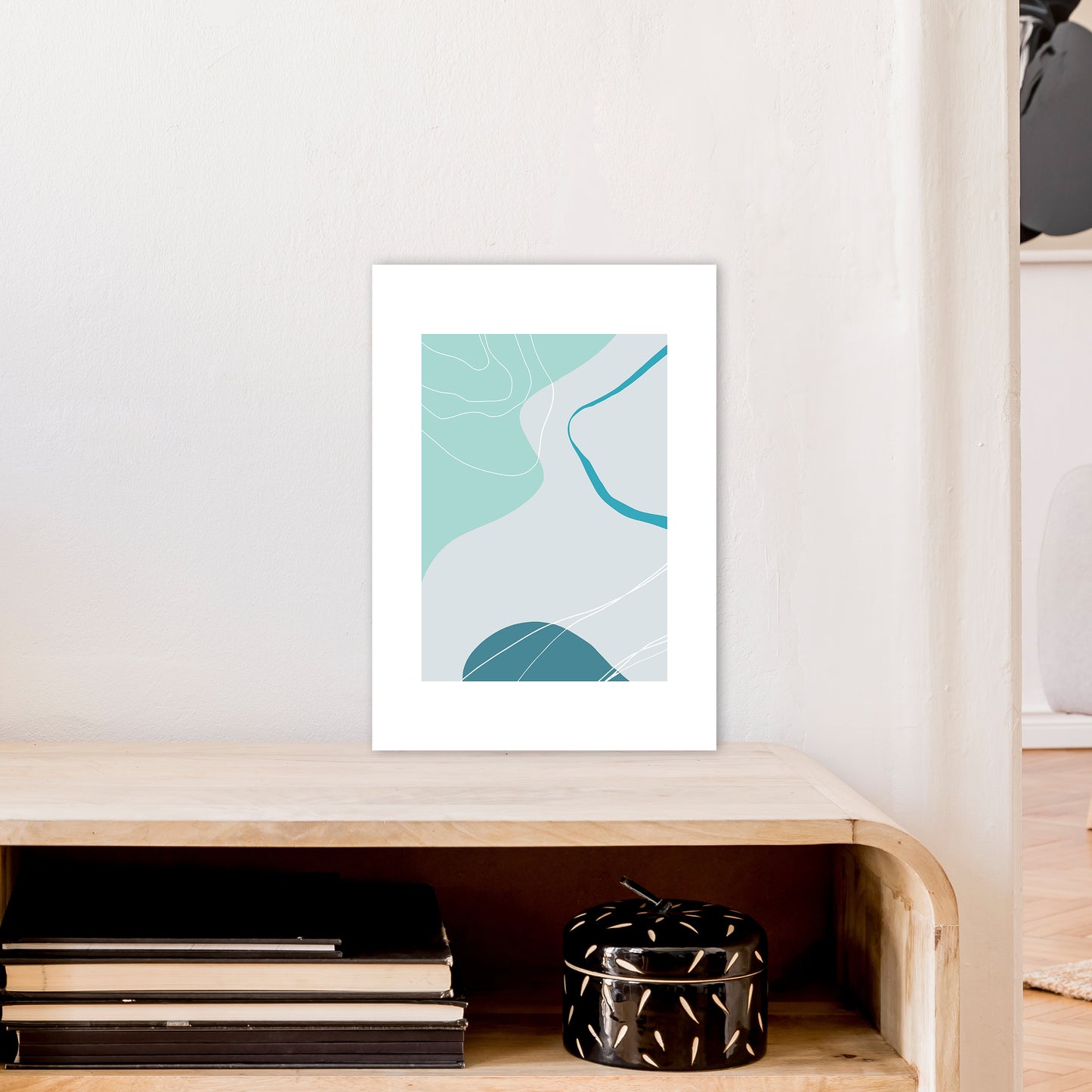 Mita Teal Abstract N17 Art Print by Pixy Paper A3 Black Frame