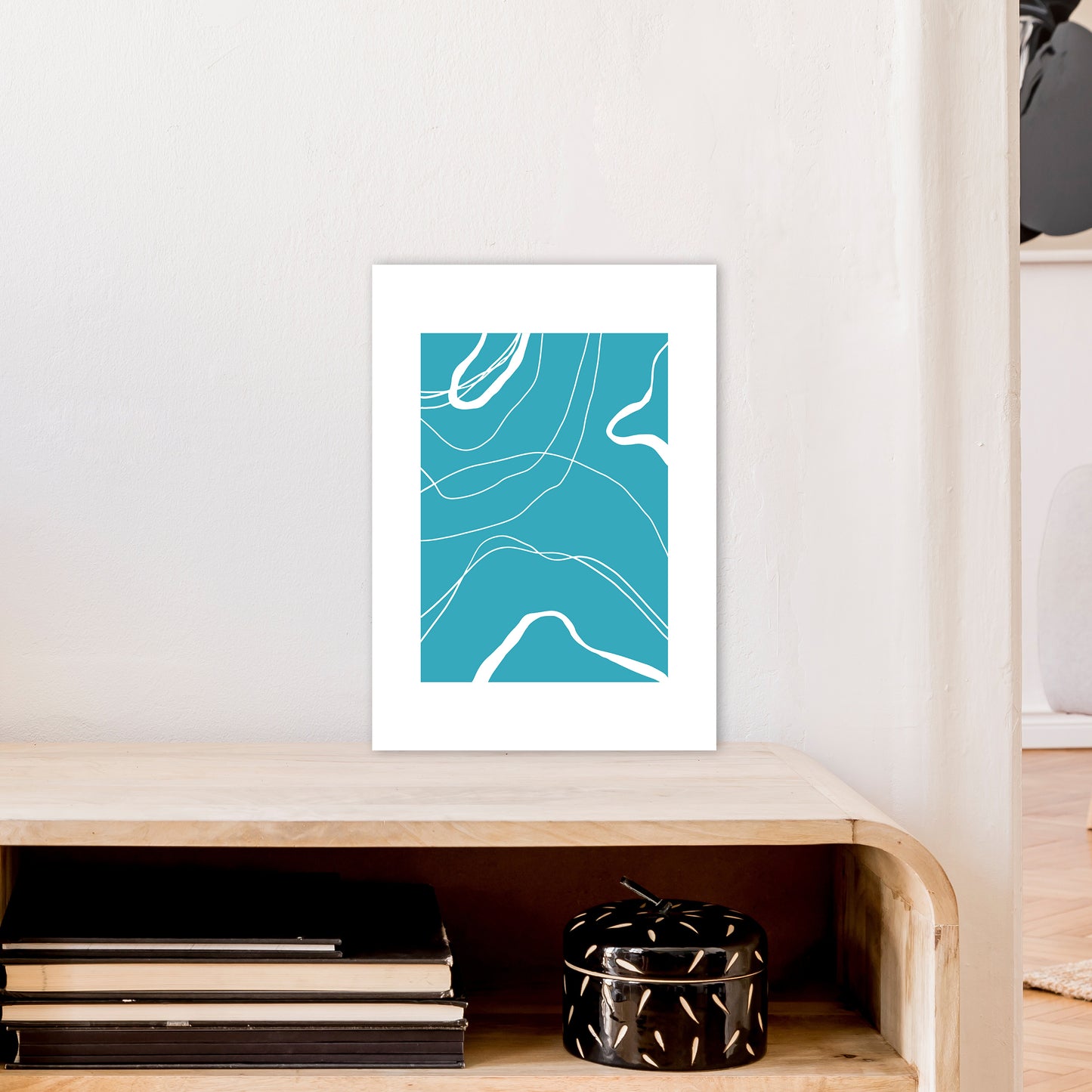 Mita Teal Swirls N13 Art Print by Pixy Paper A3 Black Frame