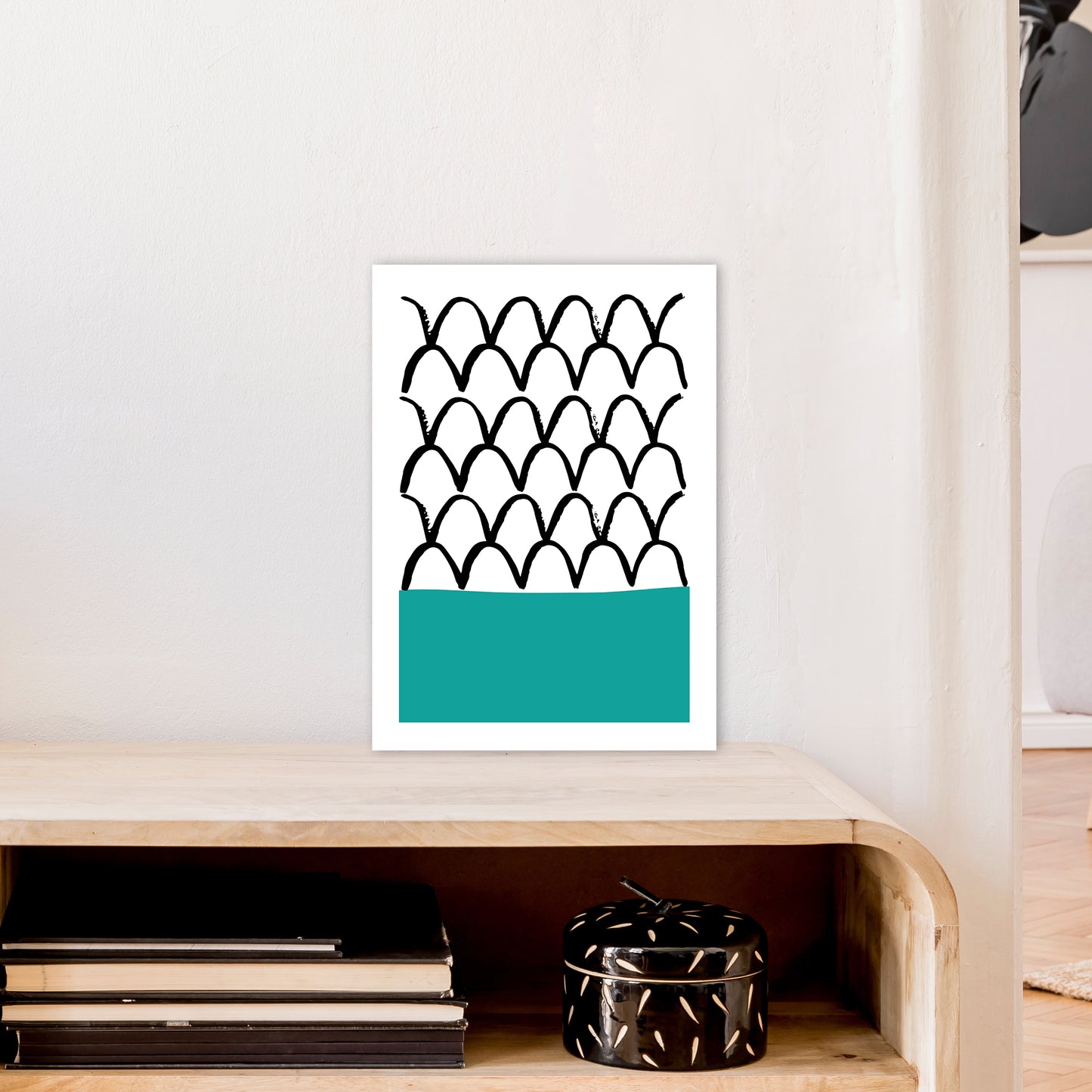 Teal Fishscales Neon Funk Art Print by Pixy Paper A3 Black Frame