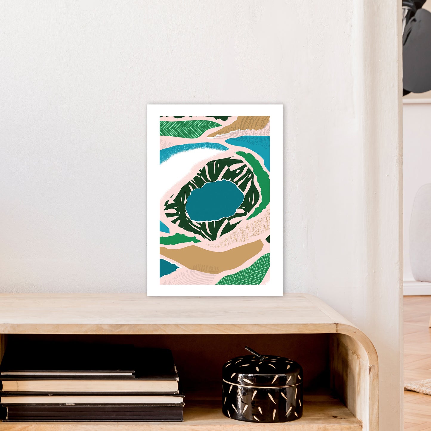 Blue Lake Jungle Abstract Art Print by Pixy Paper A3 Black Frame