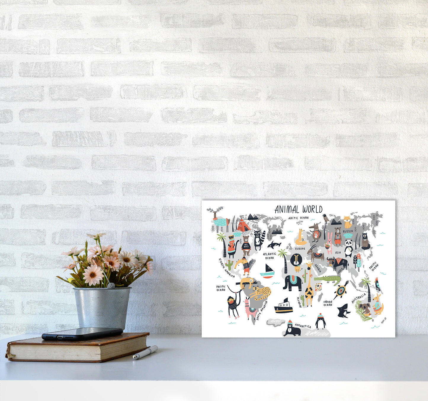 Animal World Map Art Print by Pixy Paper A3 Black Frame