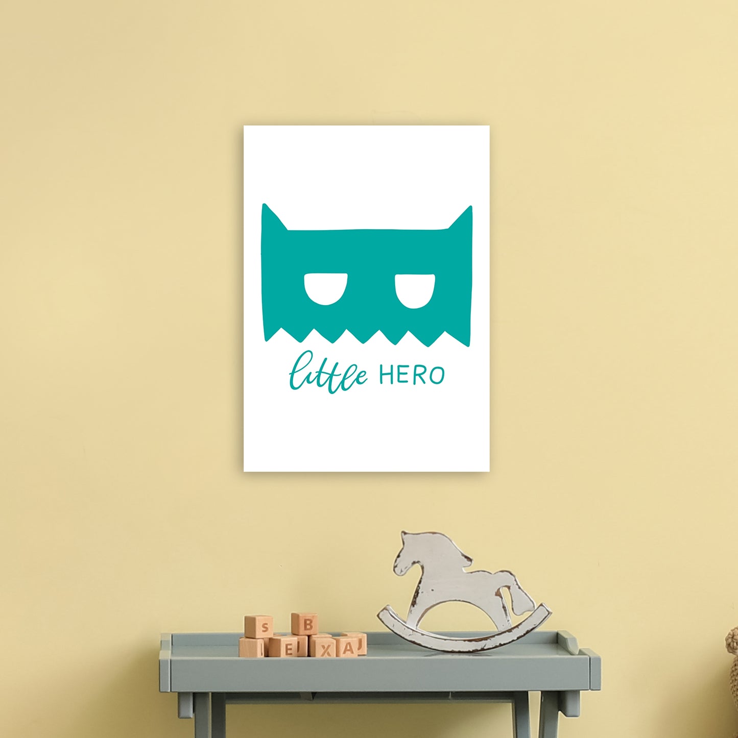 Little Hero Mask Teal Super Scandi Art Print by Pixy Paper A3 Black Frame