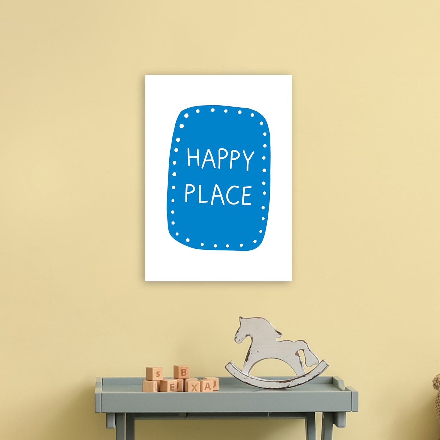 Happy Place Blue Super Scandi Art Print by Pixy Paper A3 Black Frame