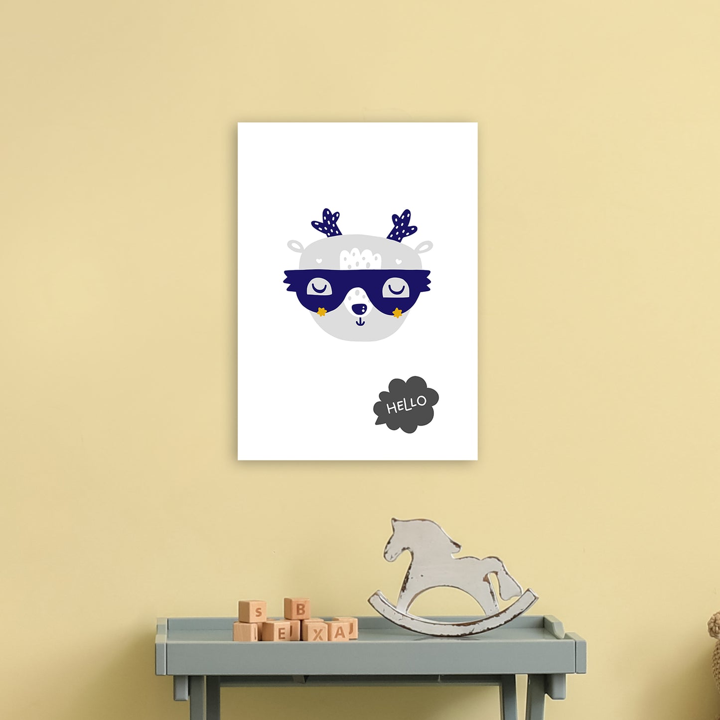 Hello Animal Navy Uper Scandi Art Print by Pixy Paper A3 Black Frame