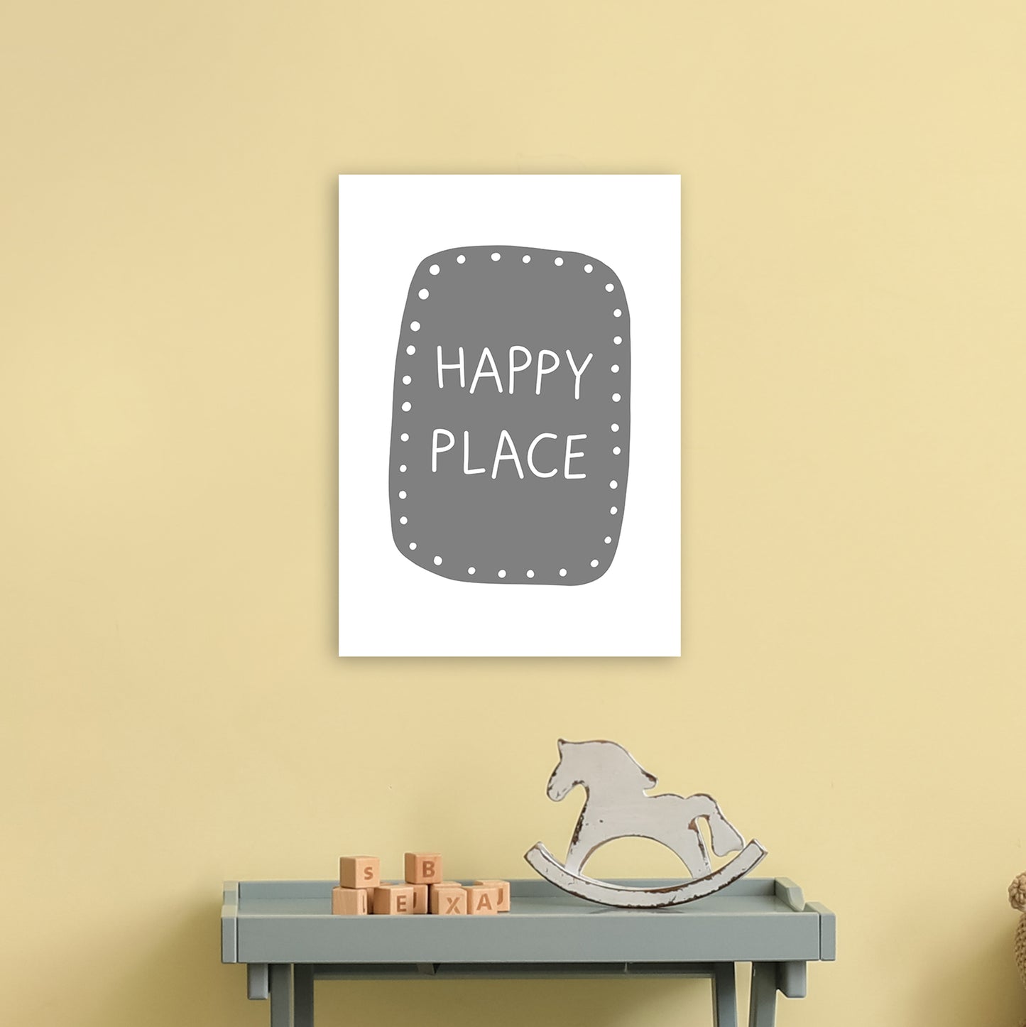 Happy Place Super Scandi Grey Art Print by Pixy Paper A3 Black Frame