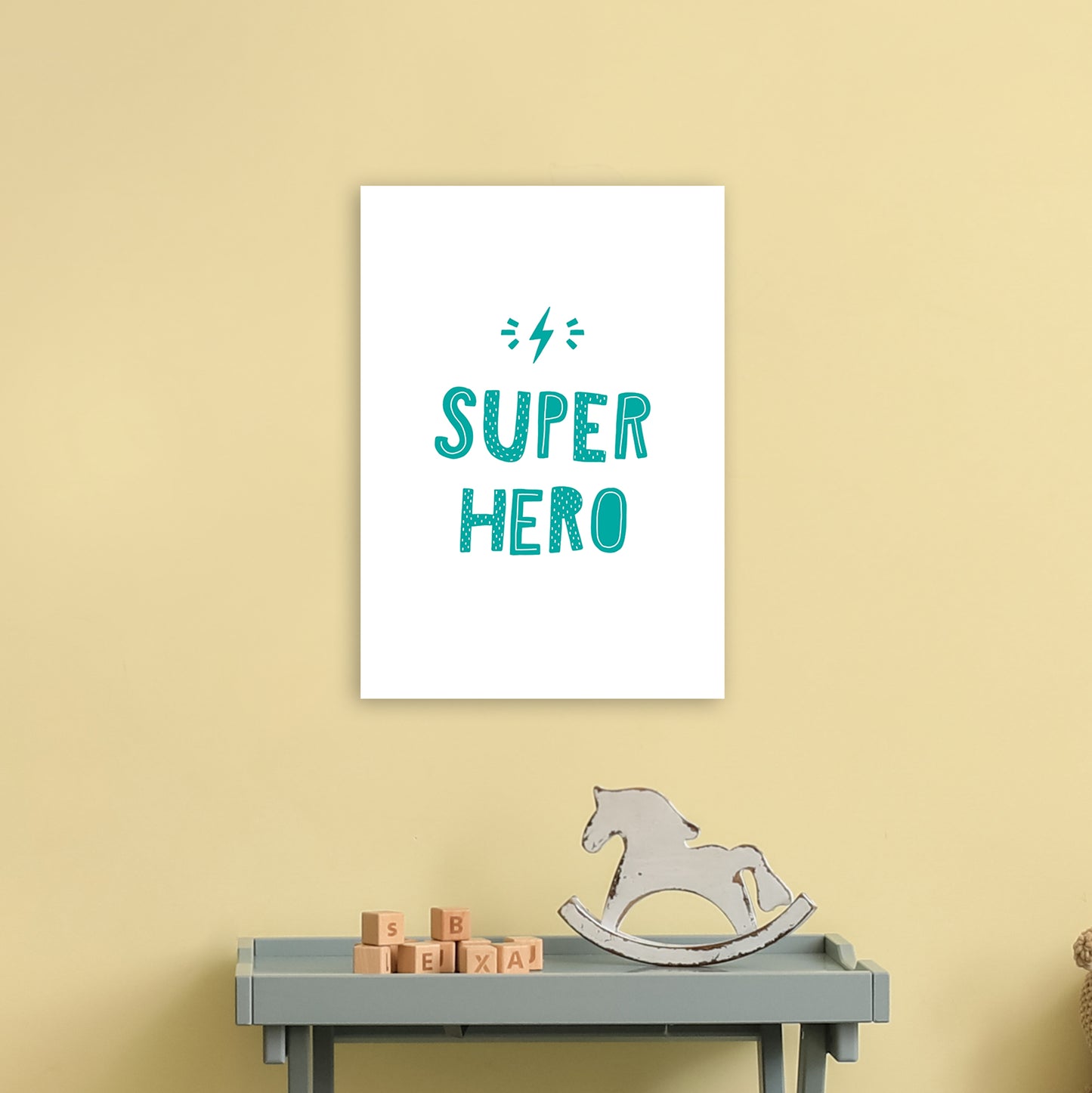 Super Hero Teal Super Scandi Art Print by Pixy Paper A3 Black Frame