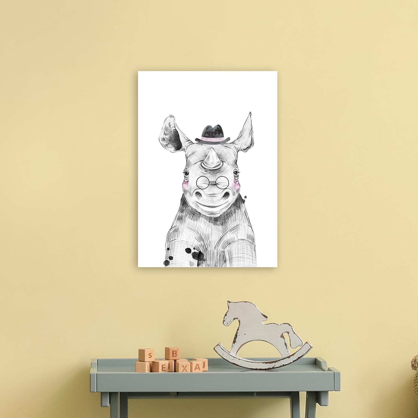 Safari Babies Rhino With Hat Art Print by Pixy Paper A3 Black Frame