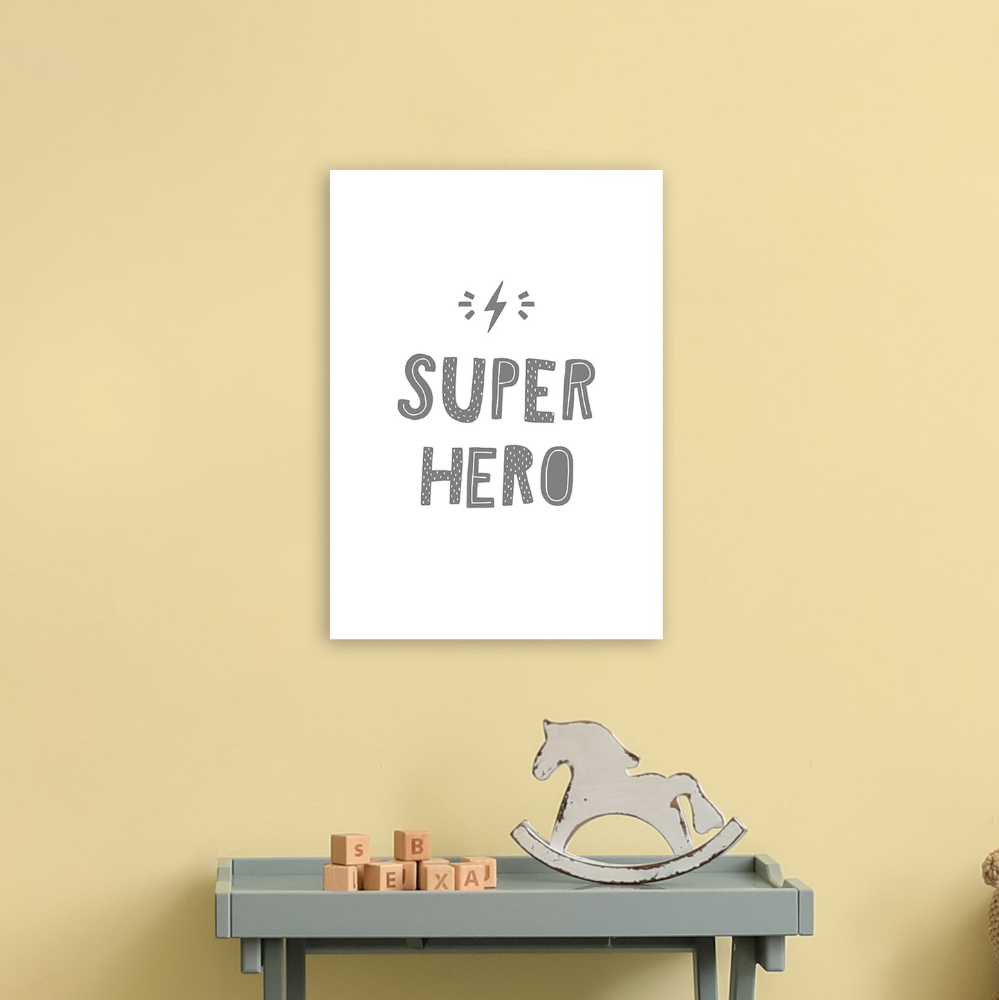 Super Hero Grey Super Scandi Art Print by Pixy Paper A3 Black Frame